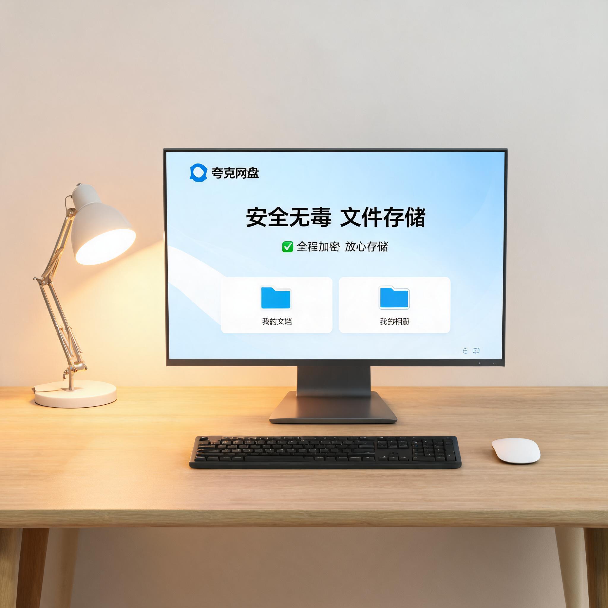 电脑桌上的电脑，屏幕显示夸克网盘安全无毒文件存储界面，旁边放着台灯