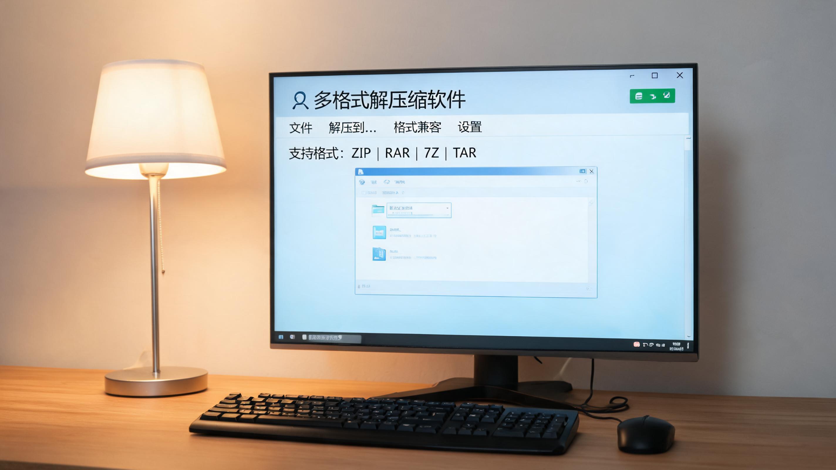 电脑桌上的电脑，屏幕显示多格式兼容解压缩软件菜单，旁边放着台灯
