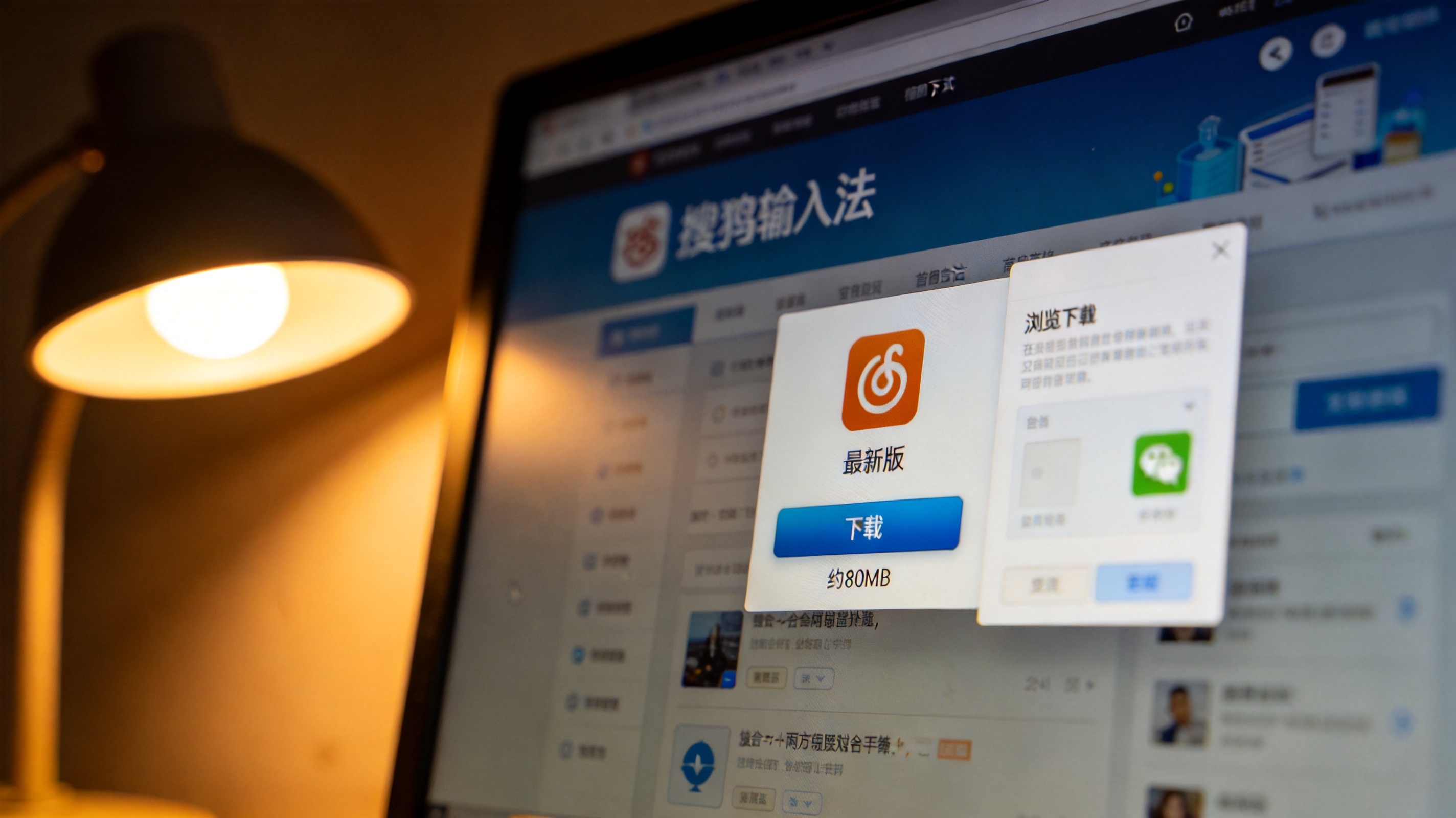 电脑屏幕显示搜狗输入法官方下载页面，中间偏上的下载按钮标注最新版、约80MB，旁边弹出浏览器下载确认窗口，台灯暖光