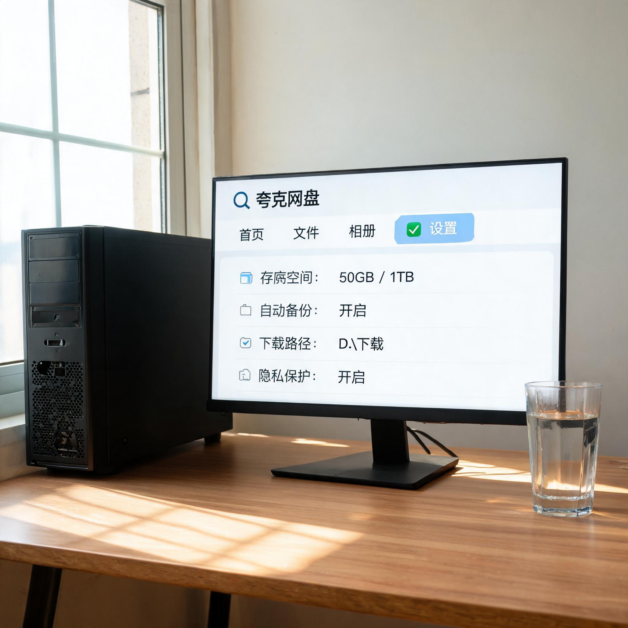书桌上的主机，屏幕显示夸克网盘设置界面，桌角放着水杯，自然光