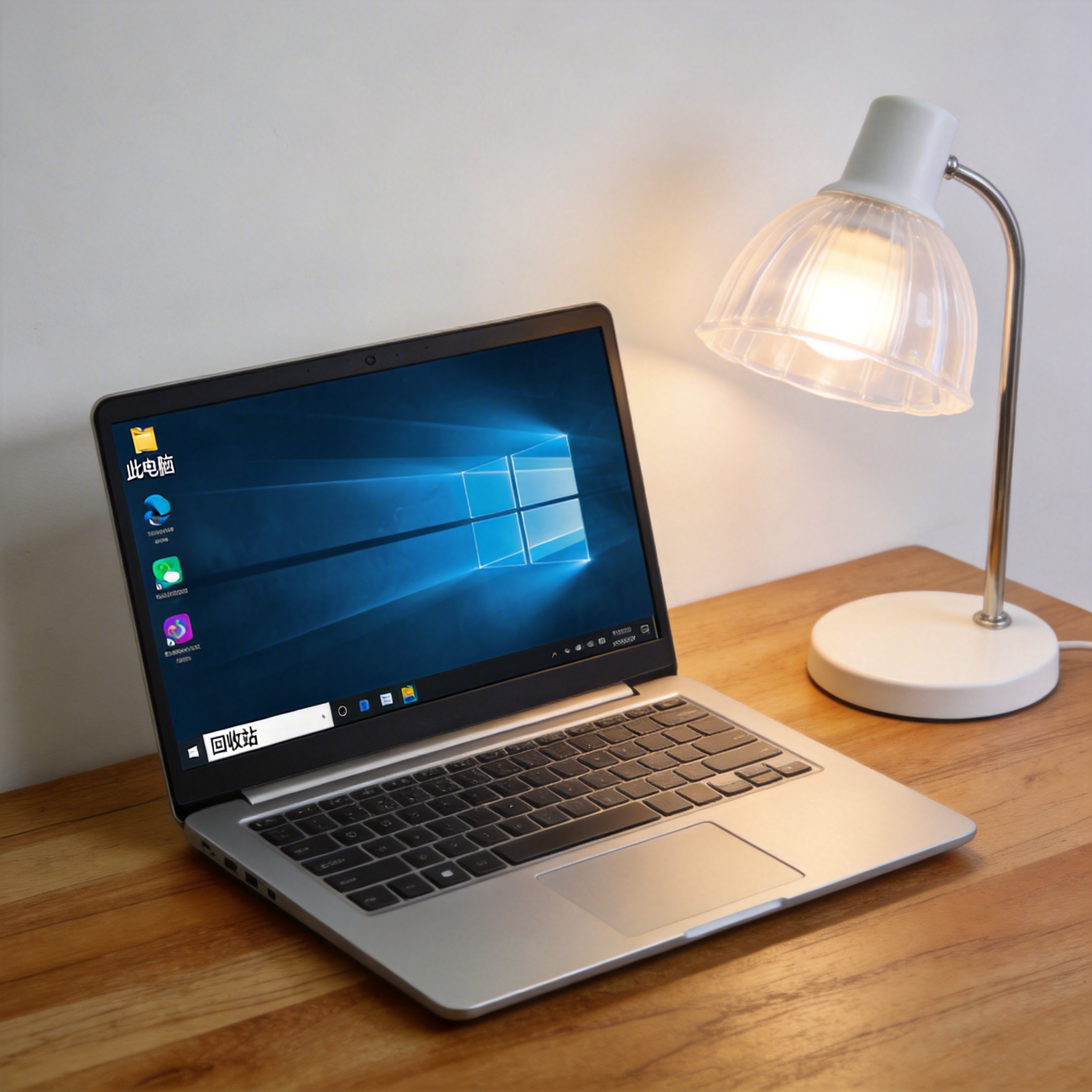 电脑桌上的电脑，屏幕显示Windows界面，旁边放着台灯