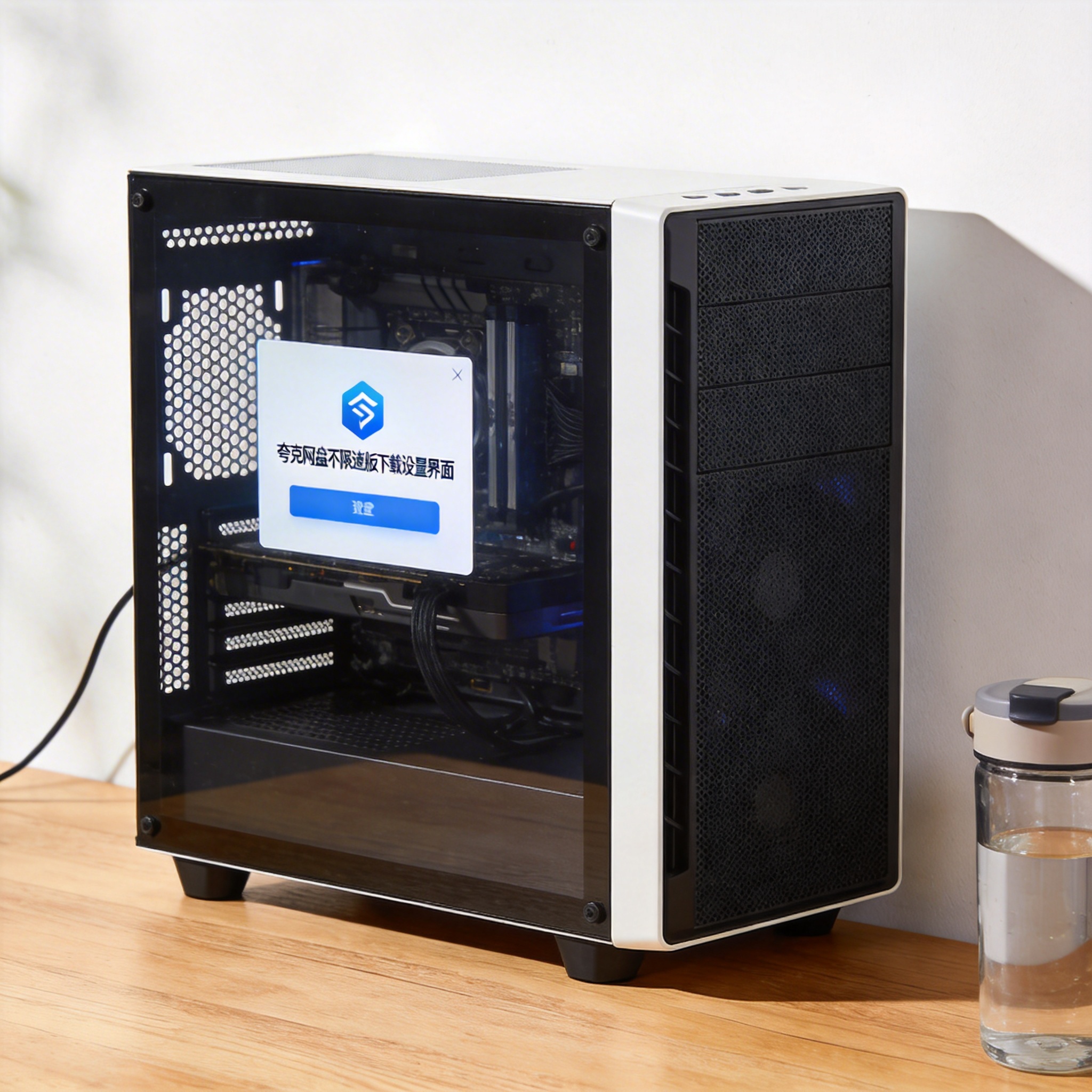 书桌上的主机，屏幕显示夸克网盘不限速版下载设置界面，桌角放着水杯，自然光