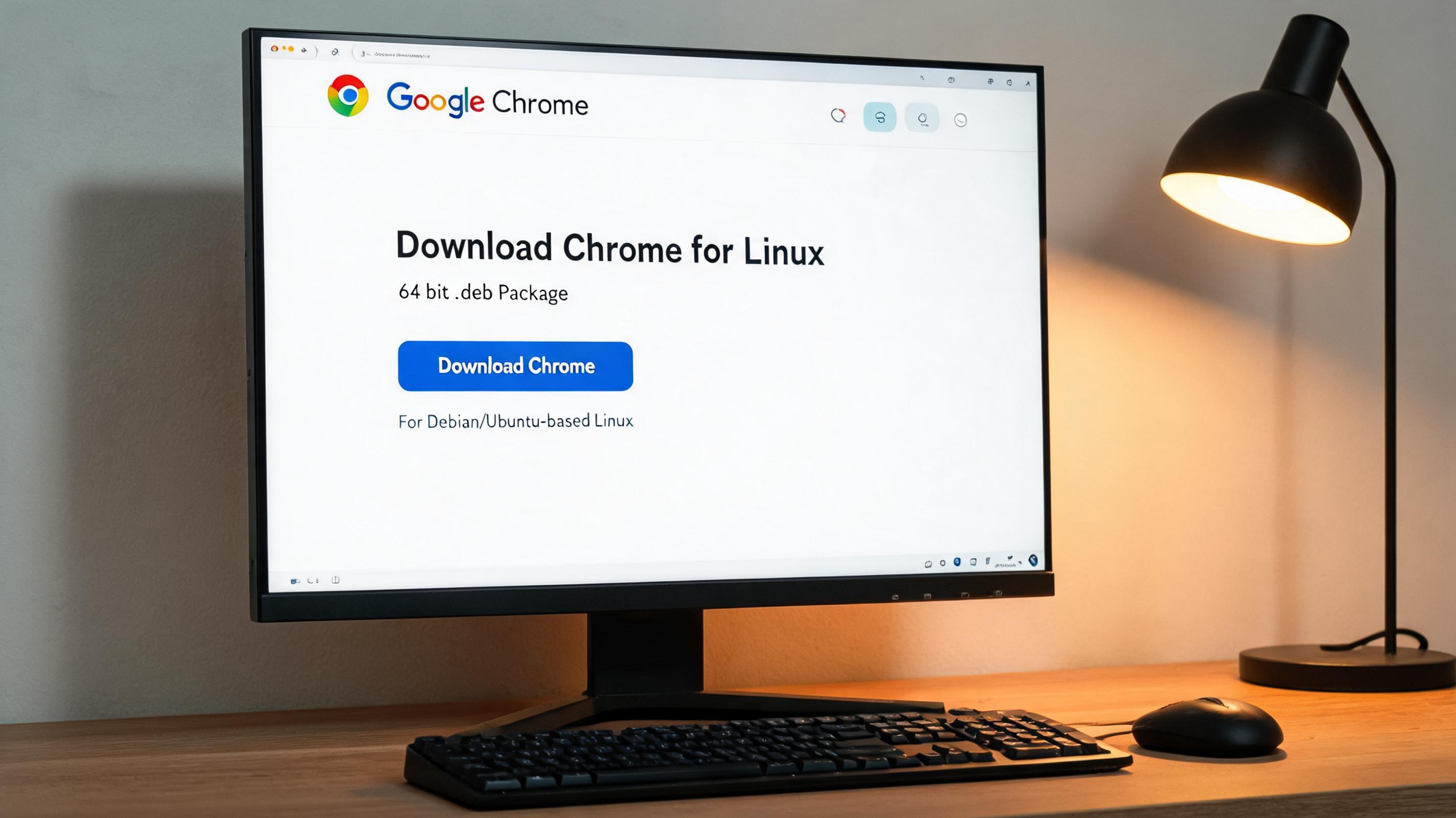 电脑桌上的电脑，屏幕显示chrome linux版官网安装包下载窗口，旁边放着台灯