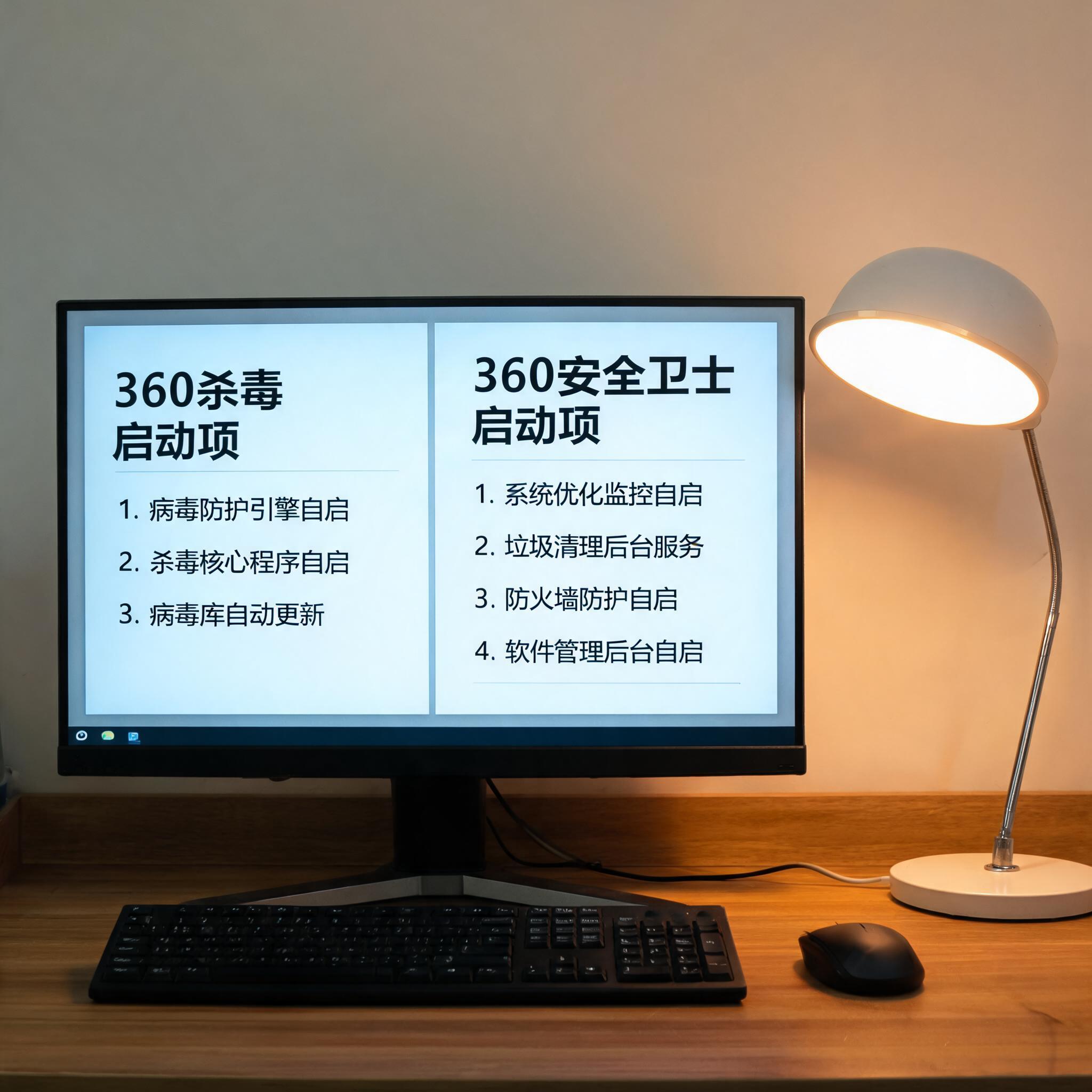 电脑桌上的电脑，屏幕显示360 杀毒和 360 安全卫士区别启动项，旁边放着台灯