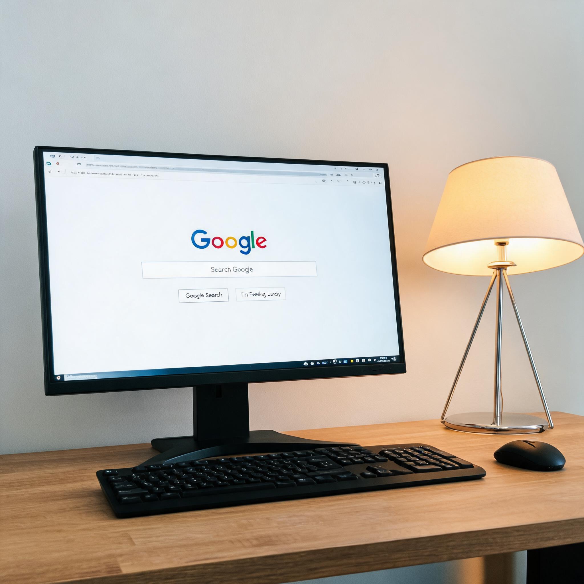 电脑桌上的电脑，屏幕显示google浏览器界面，旁边放着台灯