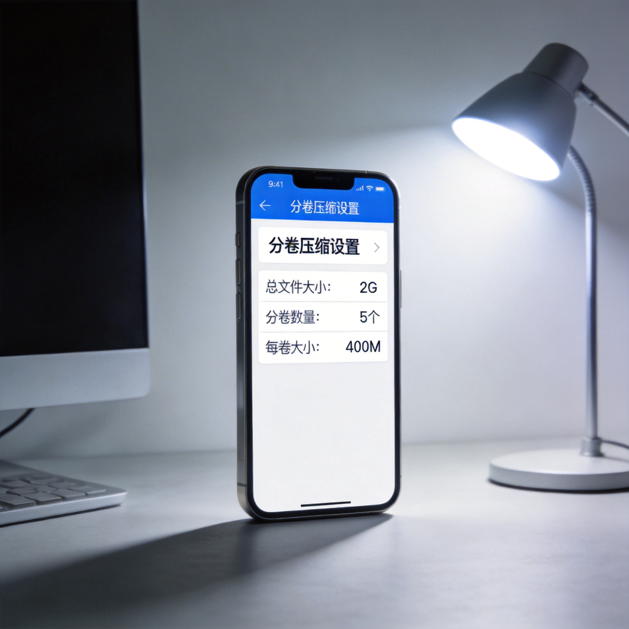电脑桌上的手机，屏幕显示手机文件压缩解压缩软件的分卷压缩设置界面，设置为将2G文件分成5个400M分卷，台灯冷白光