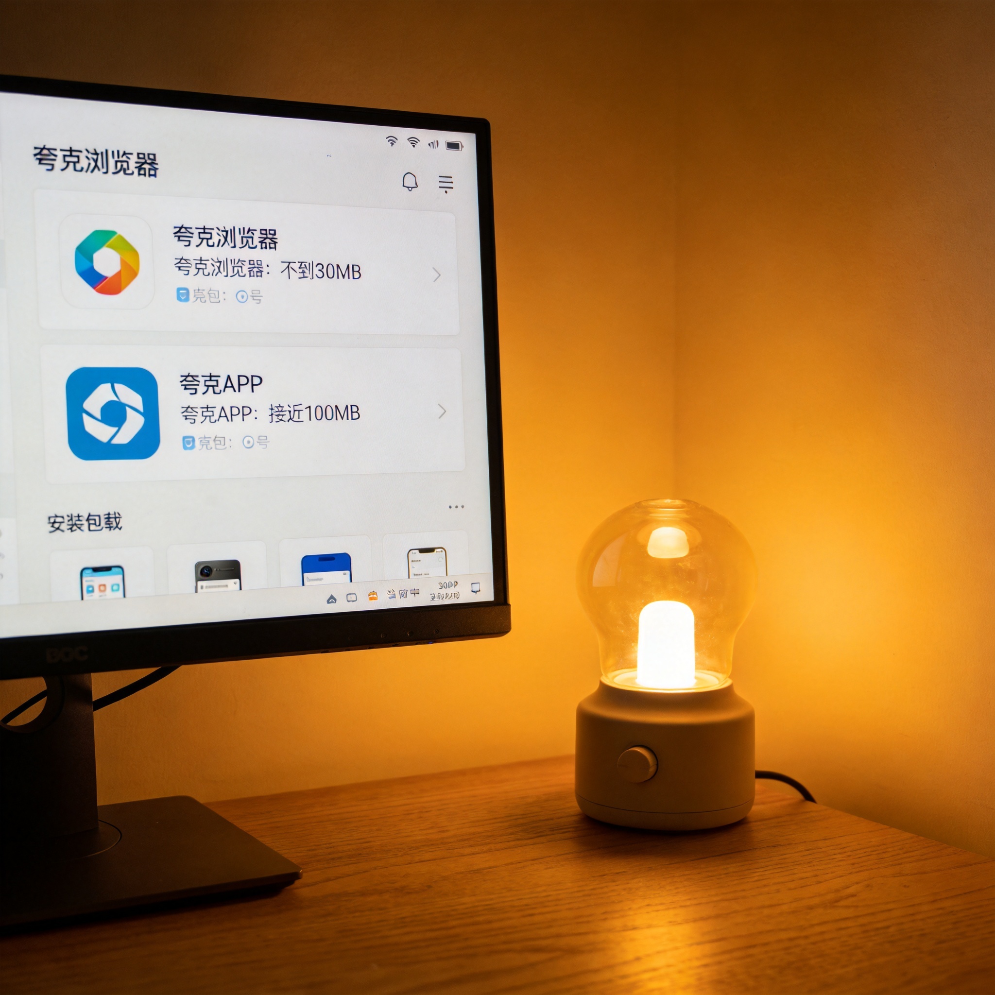 电脑屏幕显示夸克浏览器和夸克APP的安装包下载界面，界面显示两者大小分别为不到30MB和接近100MB，旁边的桌面放着台灯，台灯暖光
