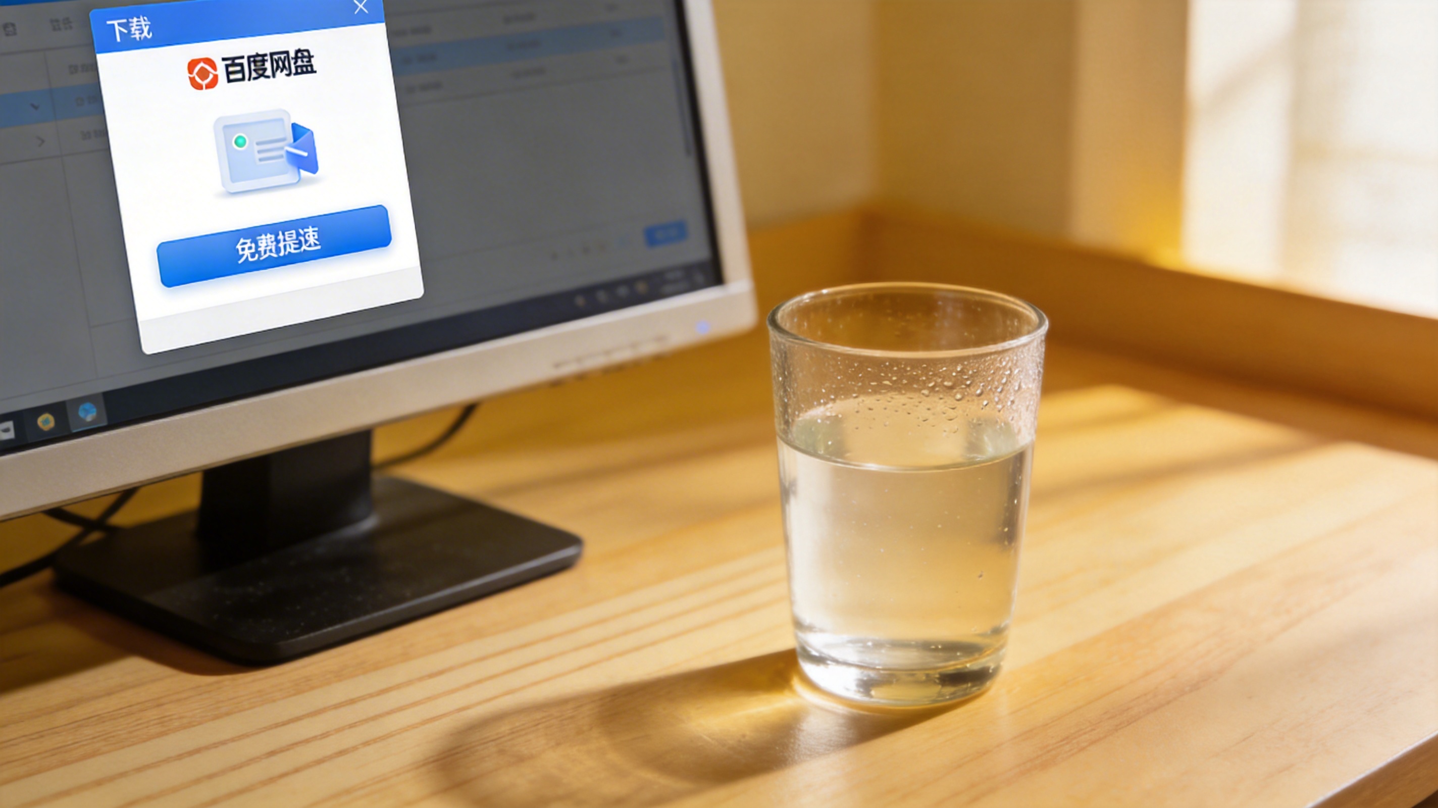 电脑桌面，屏幕显示百度网盘下载任务窗口，窗口里有“免费提速”选项，旁边放着半杯温水，室内自然光