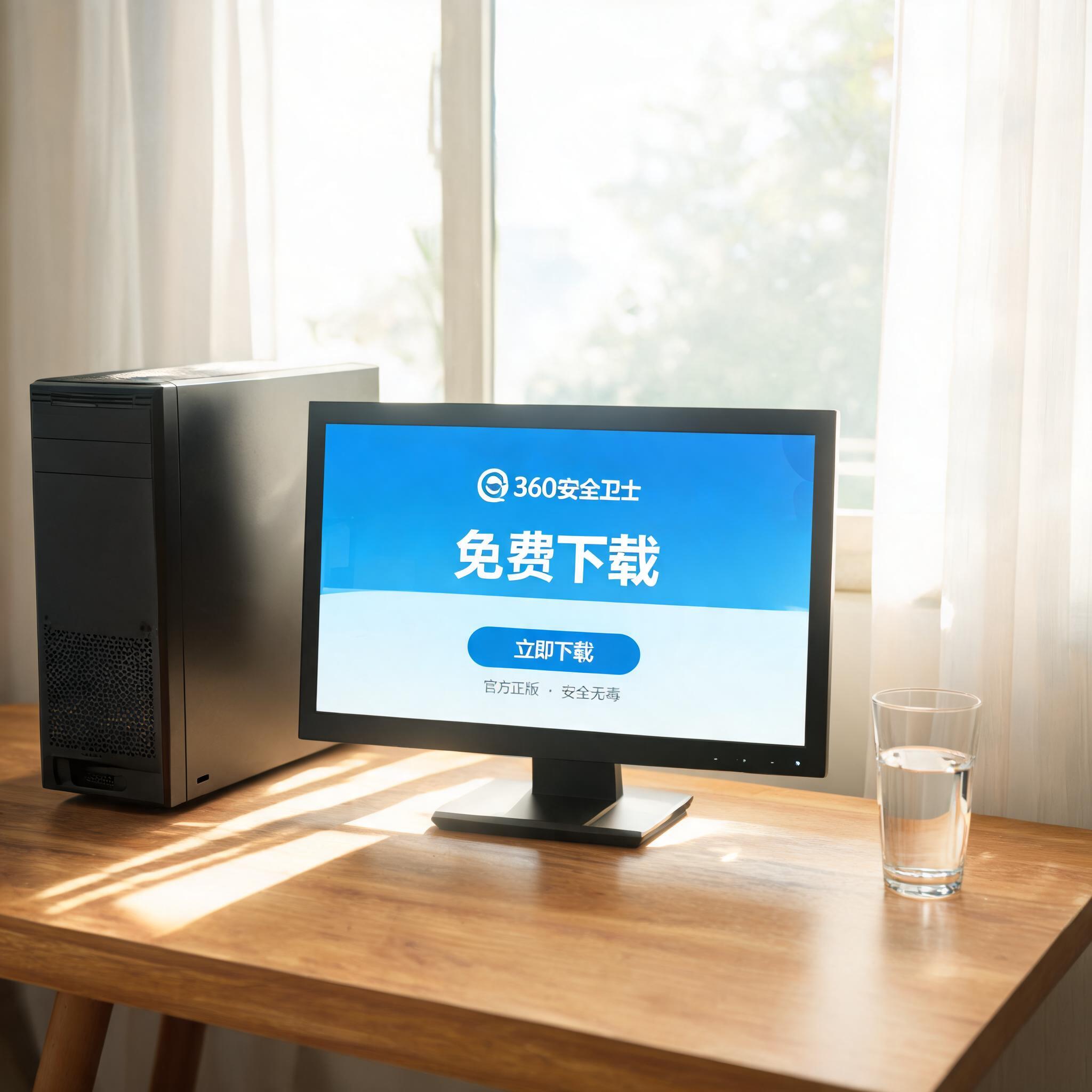书桌上的主机，屏幕显示360 安全卫士免费下载设置界面，桌角放着水杯，自然光