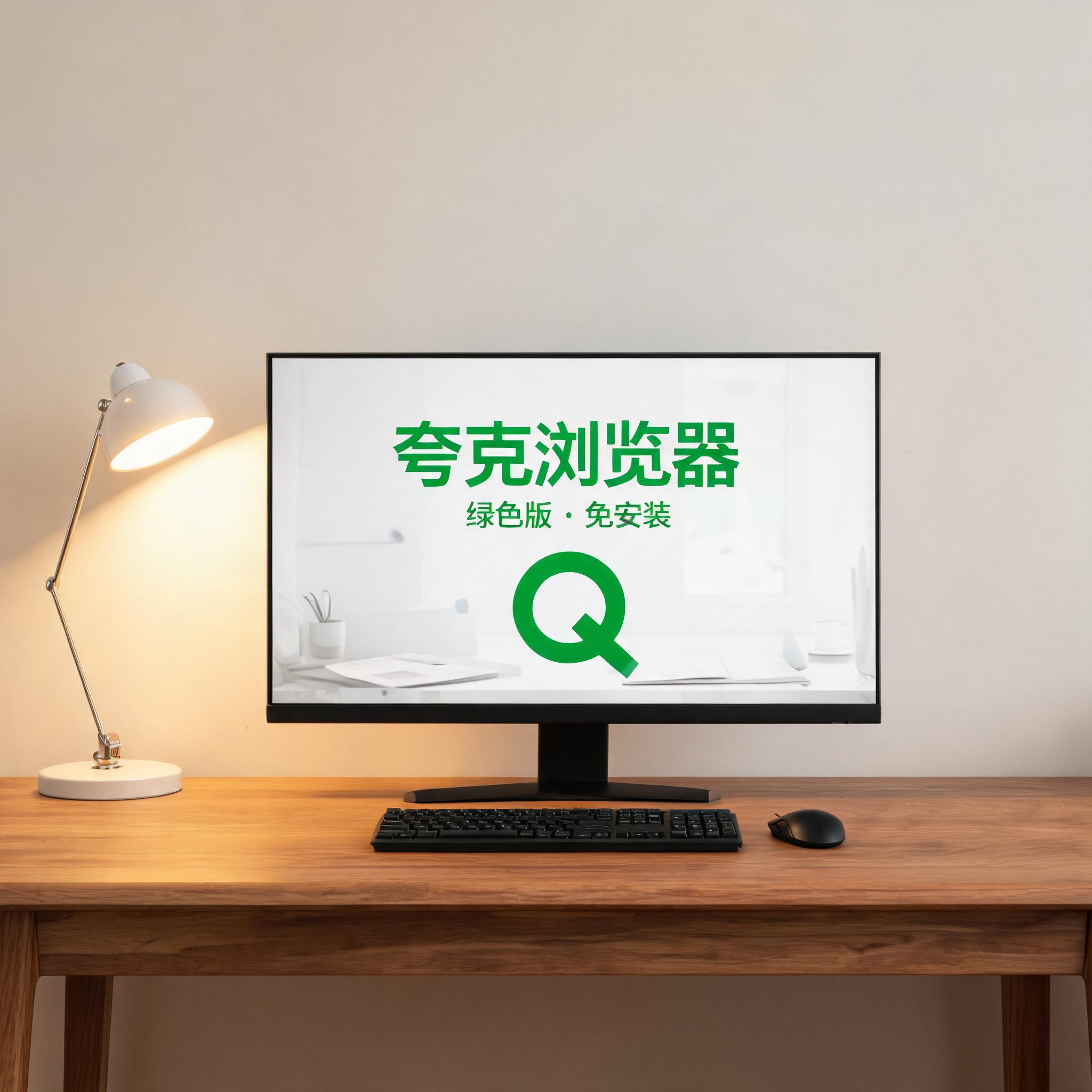 电脑桌上的电脑，屏幕显示夸克浏览器绿色版免安装桌面，旁边放着台灯