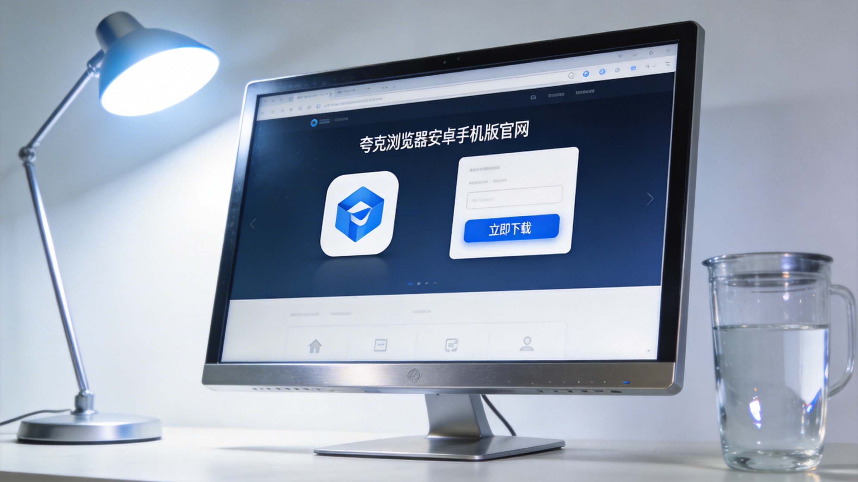 电脑屏幕显示夸克浏览器安卓手机版官网页面，下载按钮处于可点击状态，旁边放着水杯，台灯冷白光
