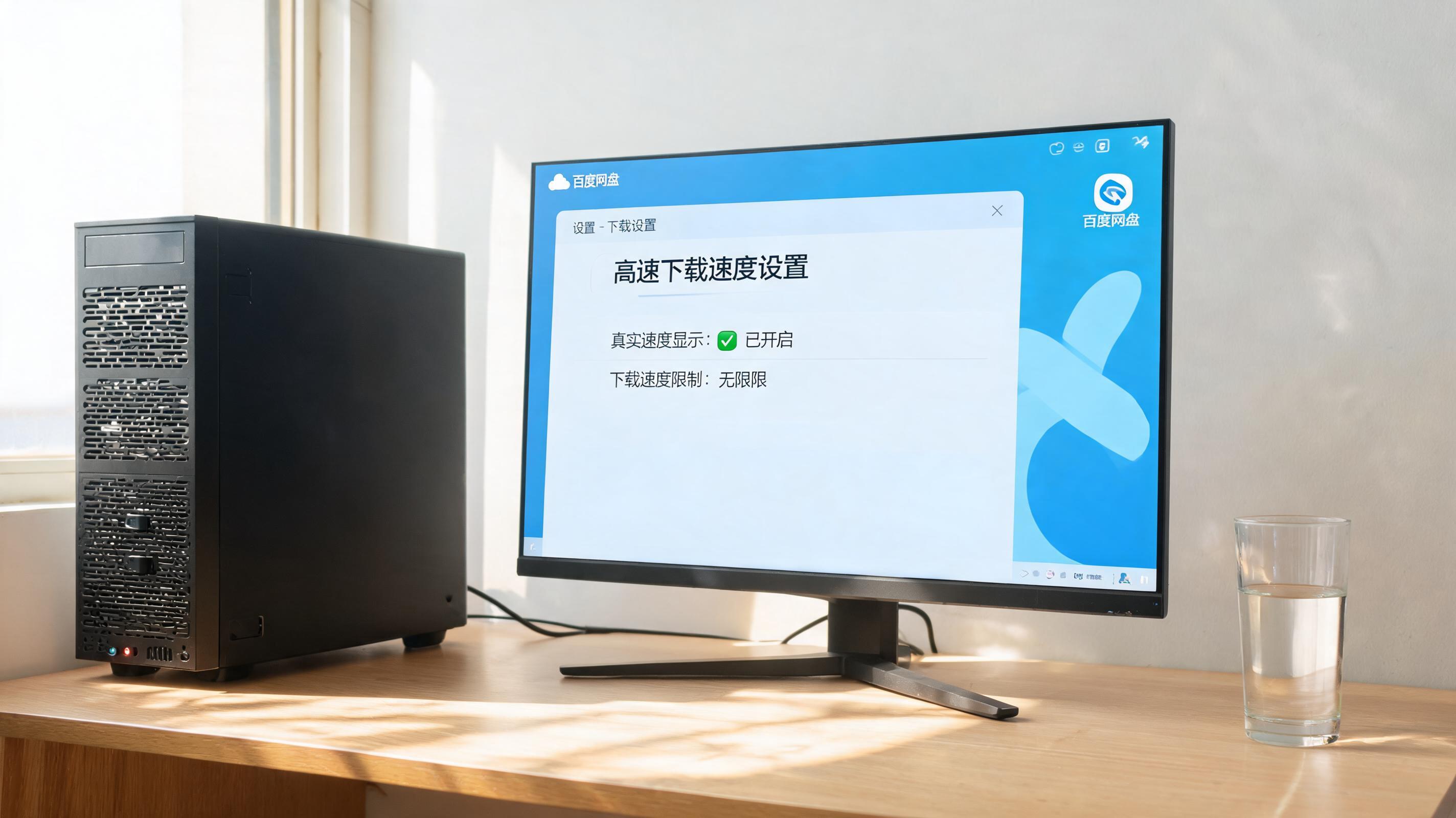 书桌上的主机，屏幕显示百度网盘高速下载真实速度设置界面，桌角放着水杯，自然光