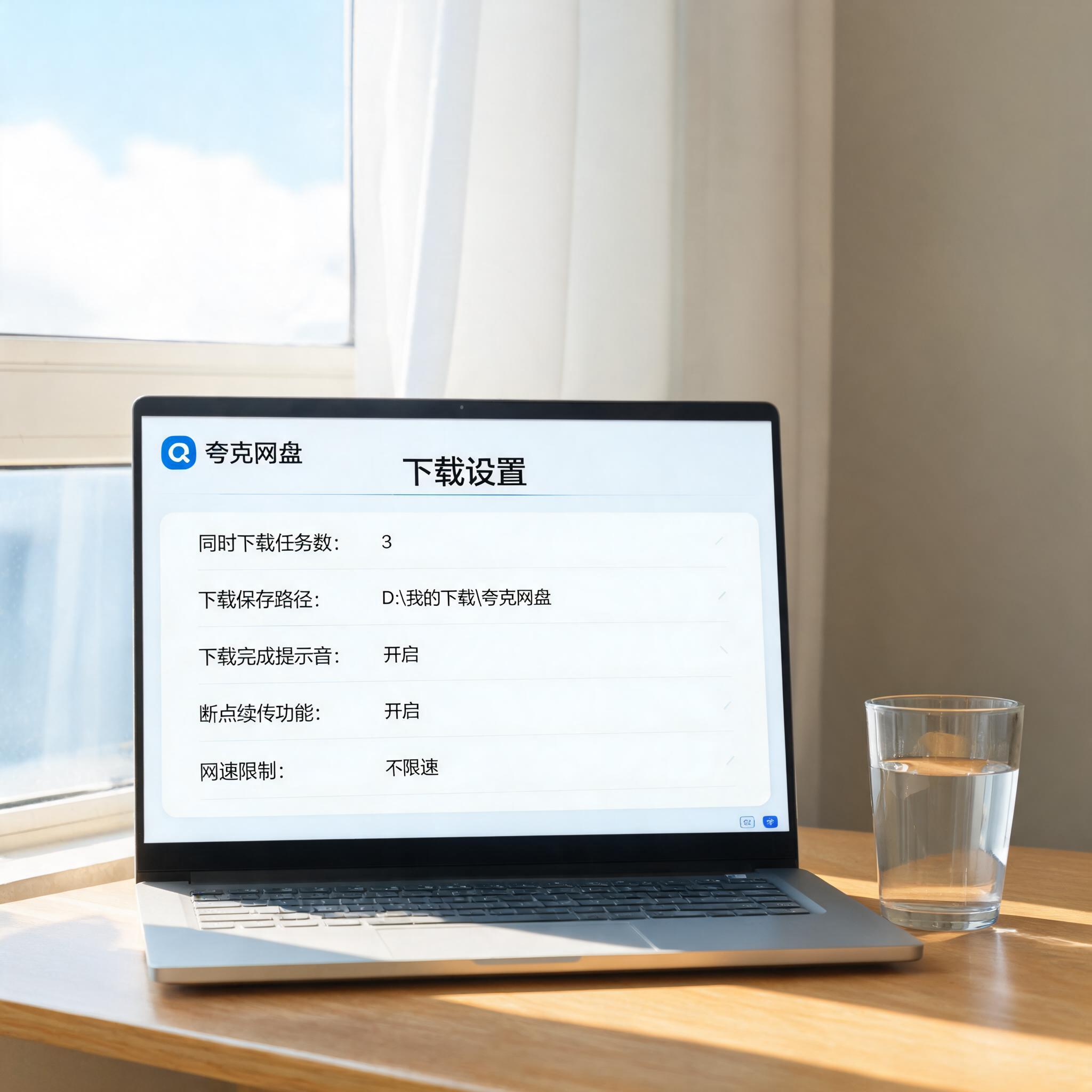 书桌上的电脑，屏幕显示夸克网盘 PC 客户端下载设置界面，桌角放着水杯，自然光