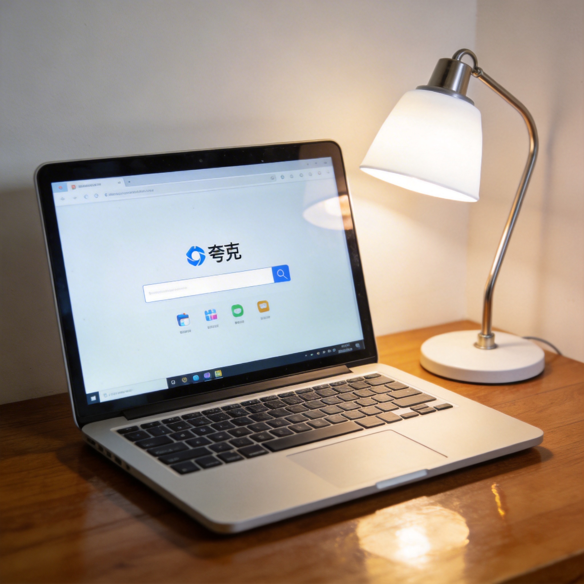 电脑桌上的电脑，屏幕显示夸克界面，旁边放着台灯