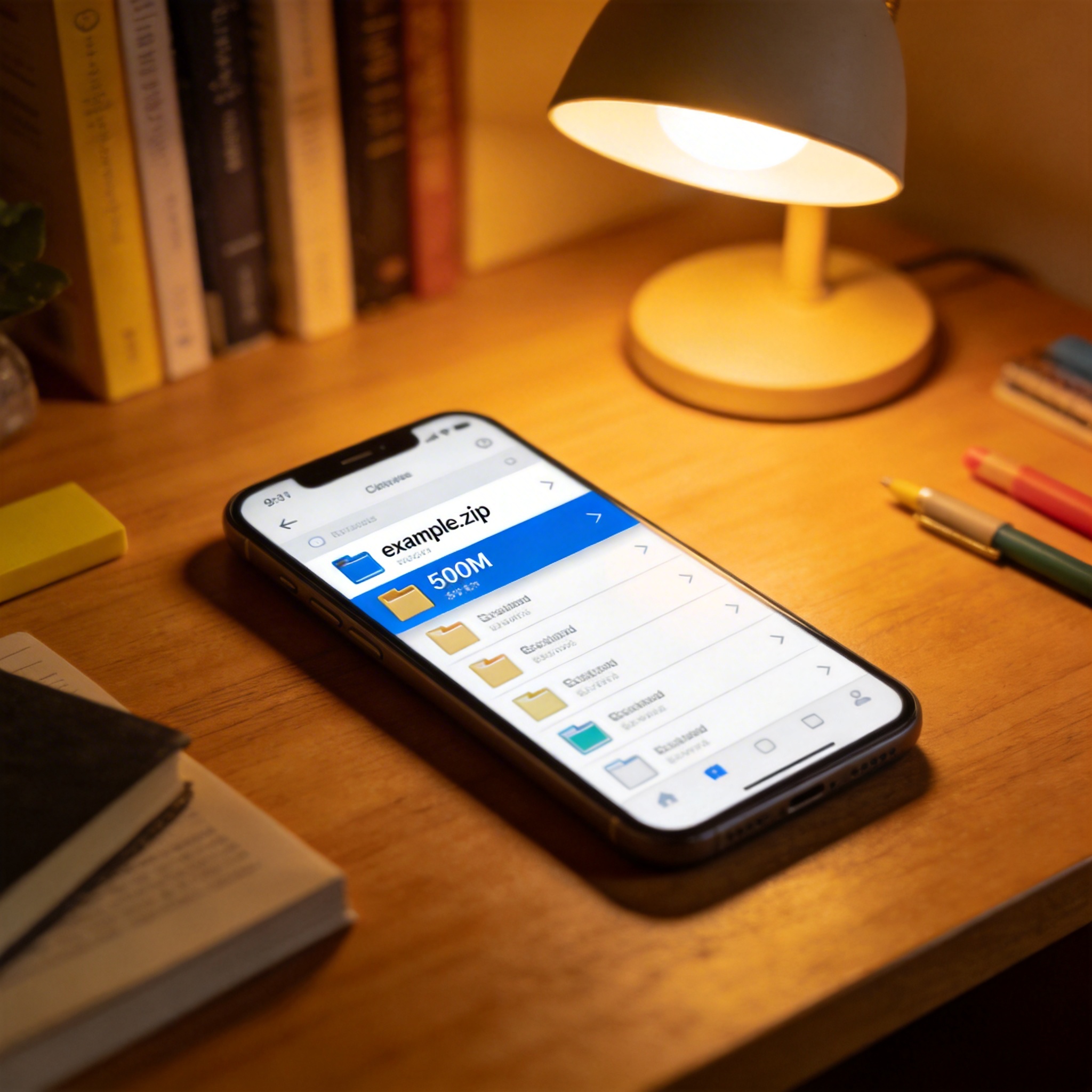 智能手机放在书桌，屏幕显示手机文件压缩解压缩软件的文件列表，选中500M大小的压缩包，台灯暖光