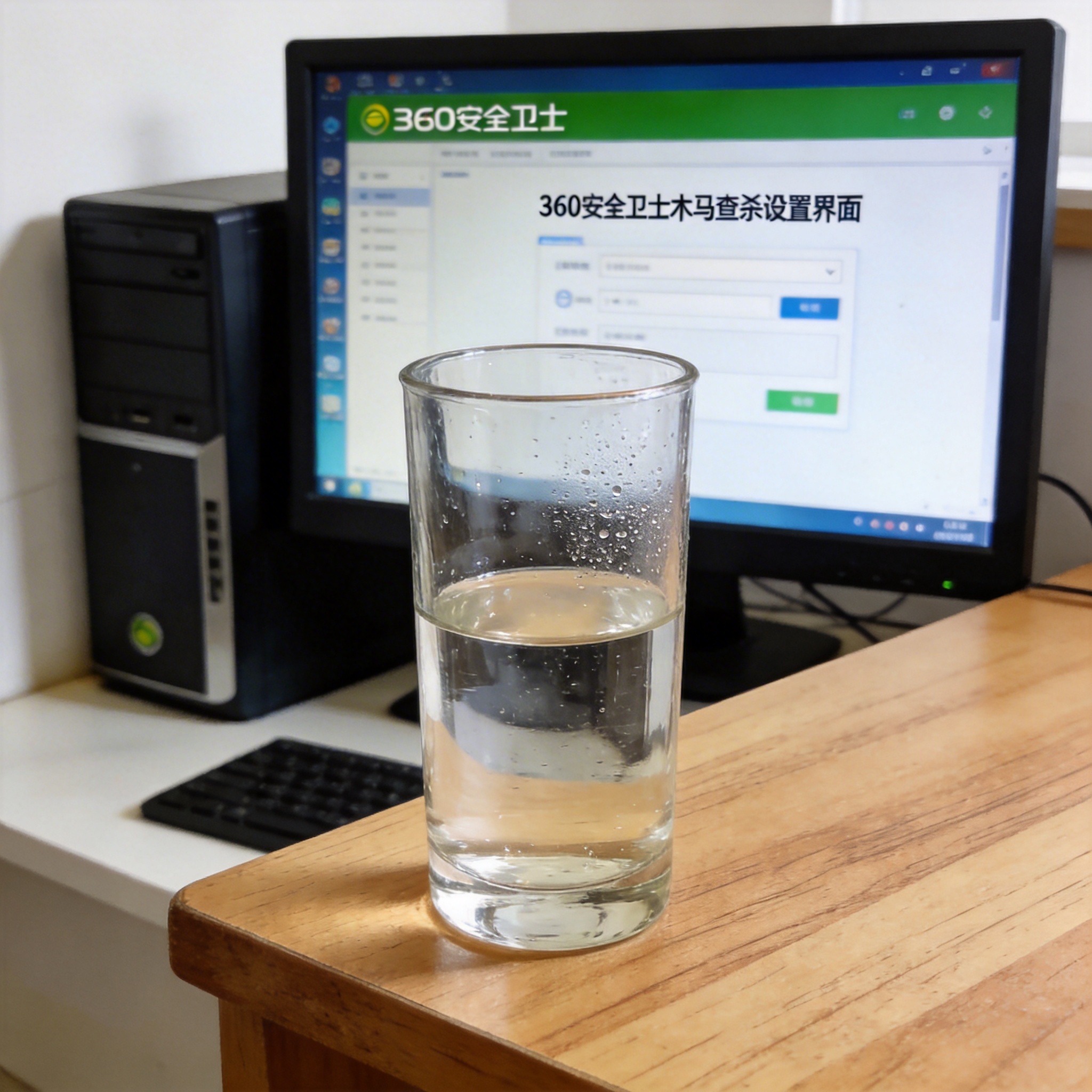 书桌上的主机，屏幕显示360 安全卫士木马查杀设置界面，桌角放着水杯，自然光