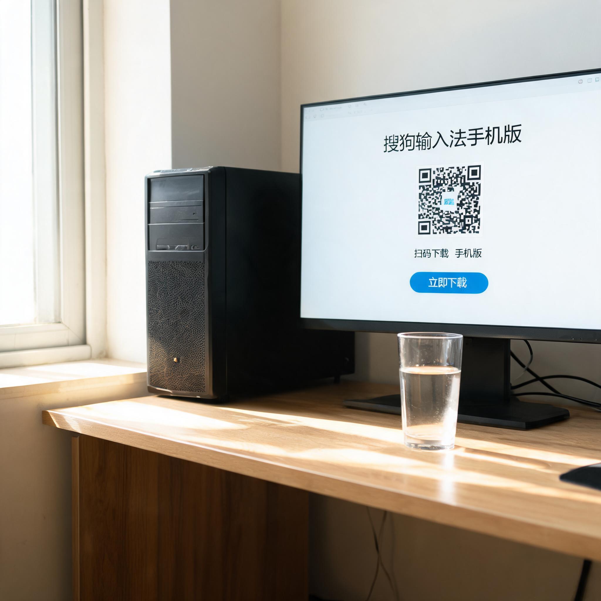 书桌上的主机，屏幕显示搜狗输入法手机版下载设置界面，桌角放着水杯，自然光