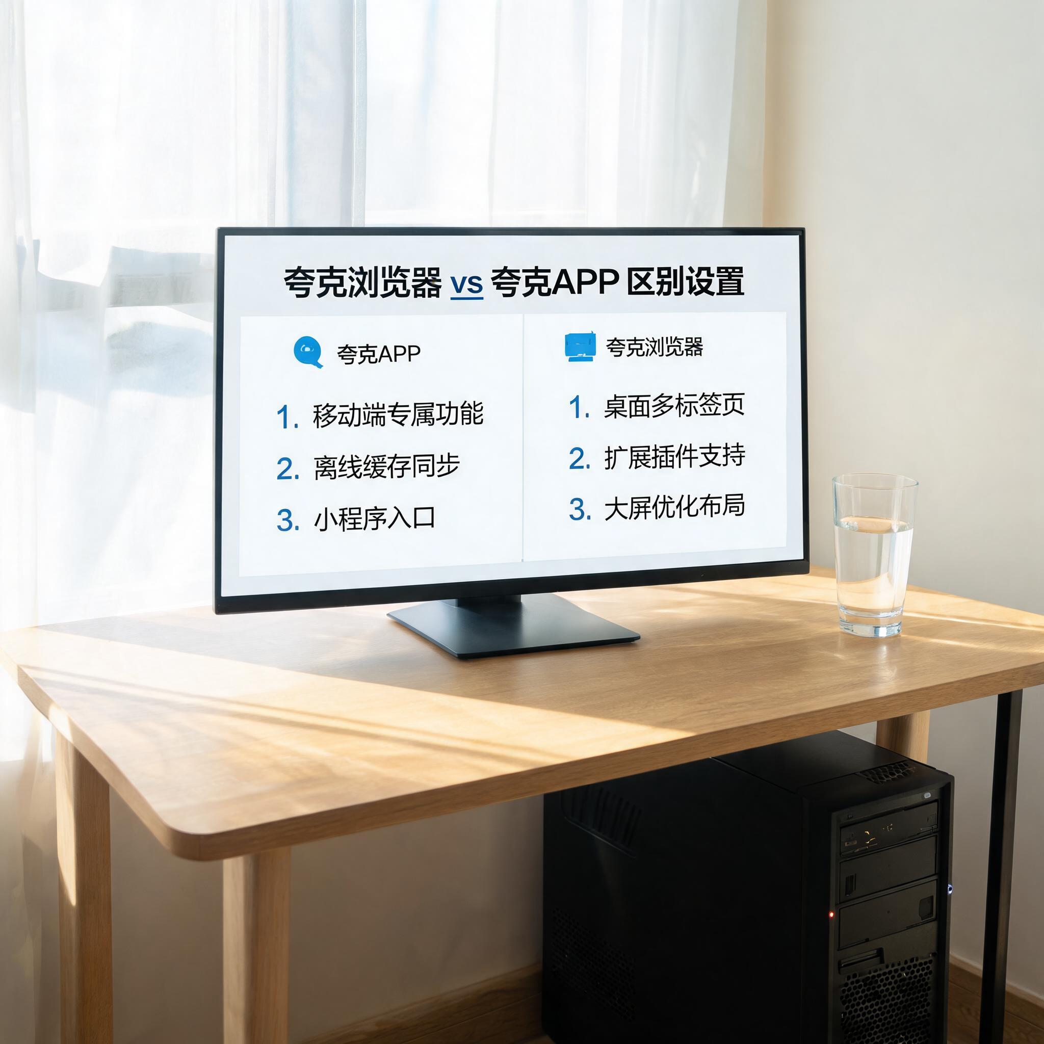 书桌上的主机，屏幕显示夸克浏览器和夸克 APP 区别设置界面，桌角放着水杯，自然光