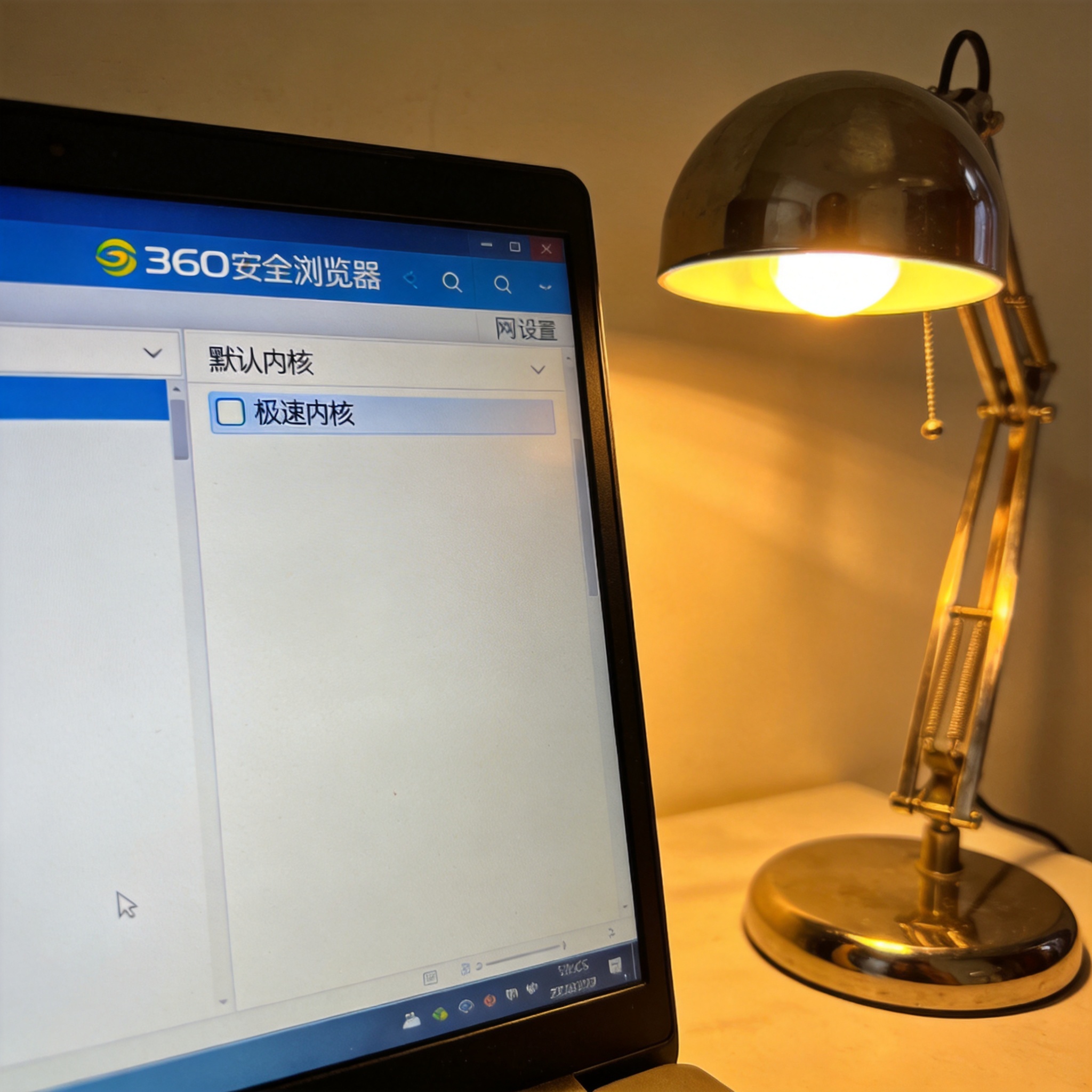 电脑屏幕显示360安全浏览器的设置页面，网页设置栏里默认内核选项选为极速内核，桌面角落有台金属台灯，开着暖光