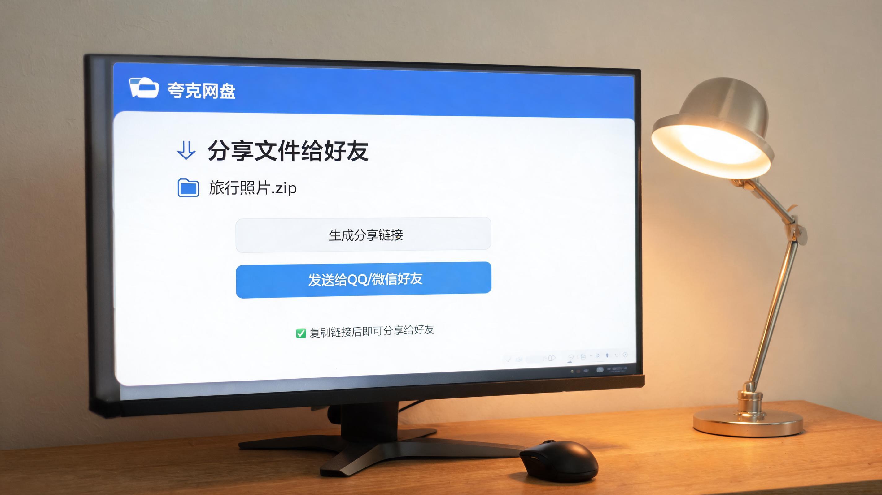 电脑桌上的电脑，屏幕显示夸克网盘文件怎么分享给好友界面，旁边放着台灯
