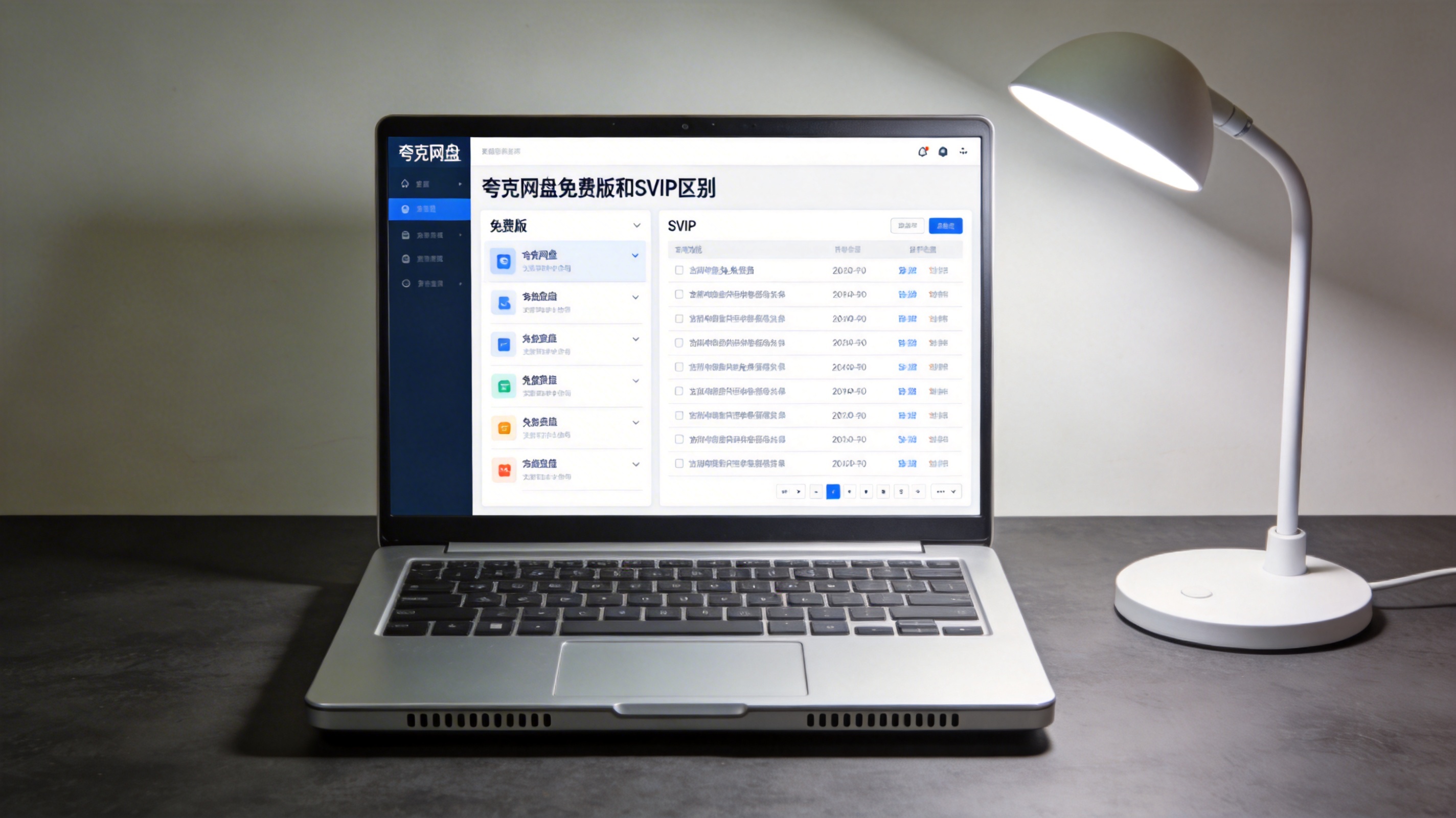 电脑桌上的电脑，屏幕显示夸克网盘免费版和 SVIP 区别界面，旁边放着台灯