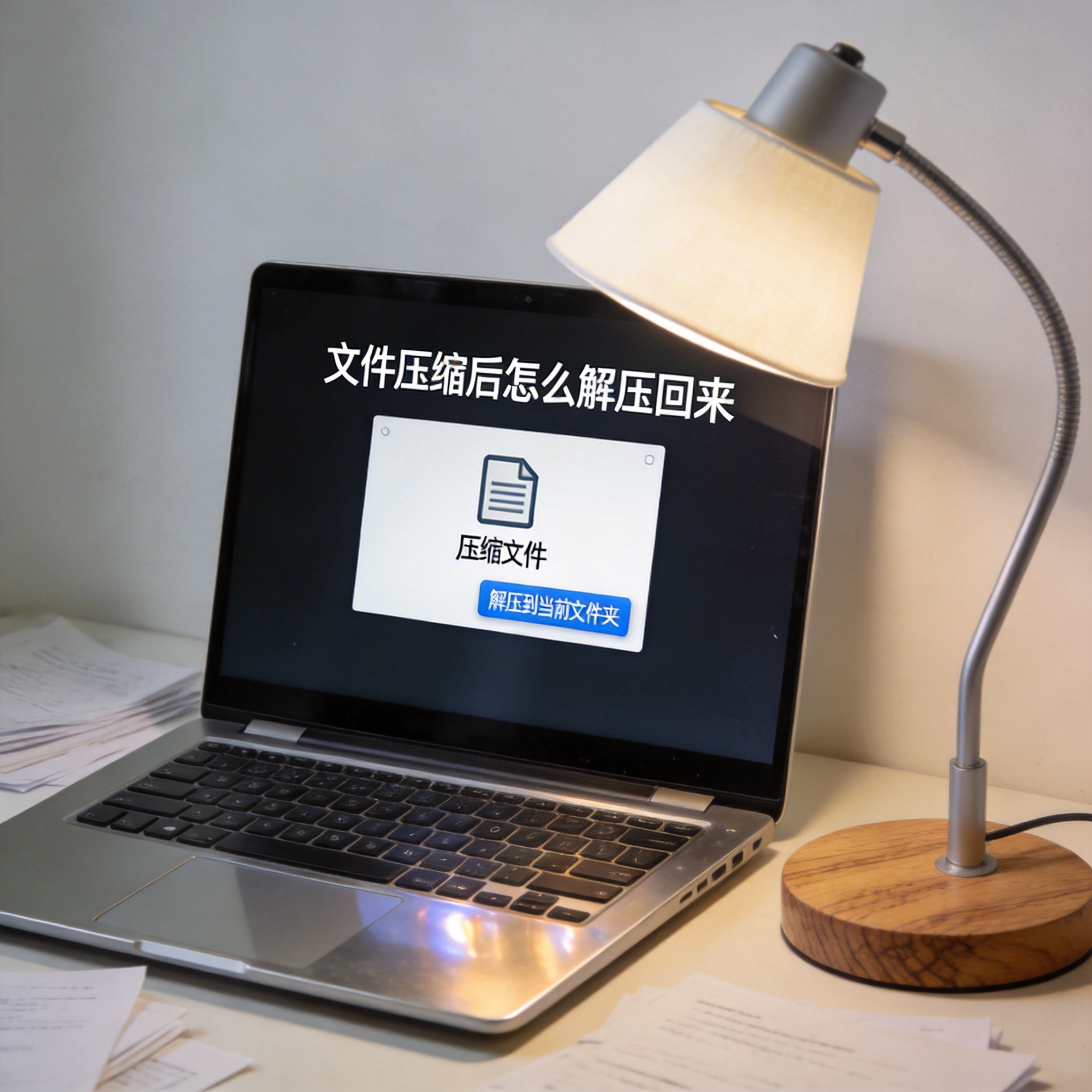 电脑桌上的电脑，屏幕显示文件压缩后怎么解压回来界面，旁边放着台灯