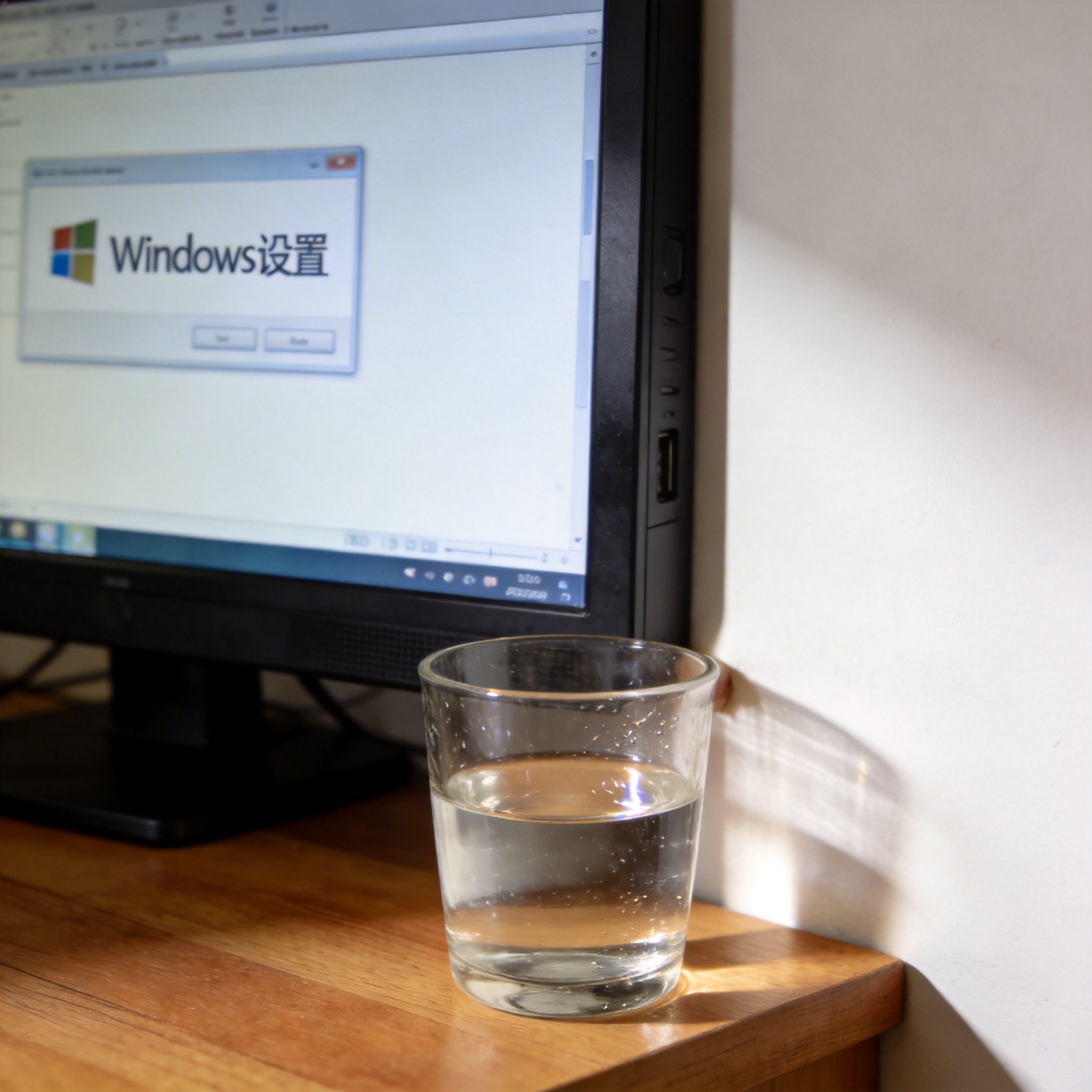 书桌上的主机，屏幕显示Windows设置界面，桌角放着水杯，自然光