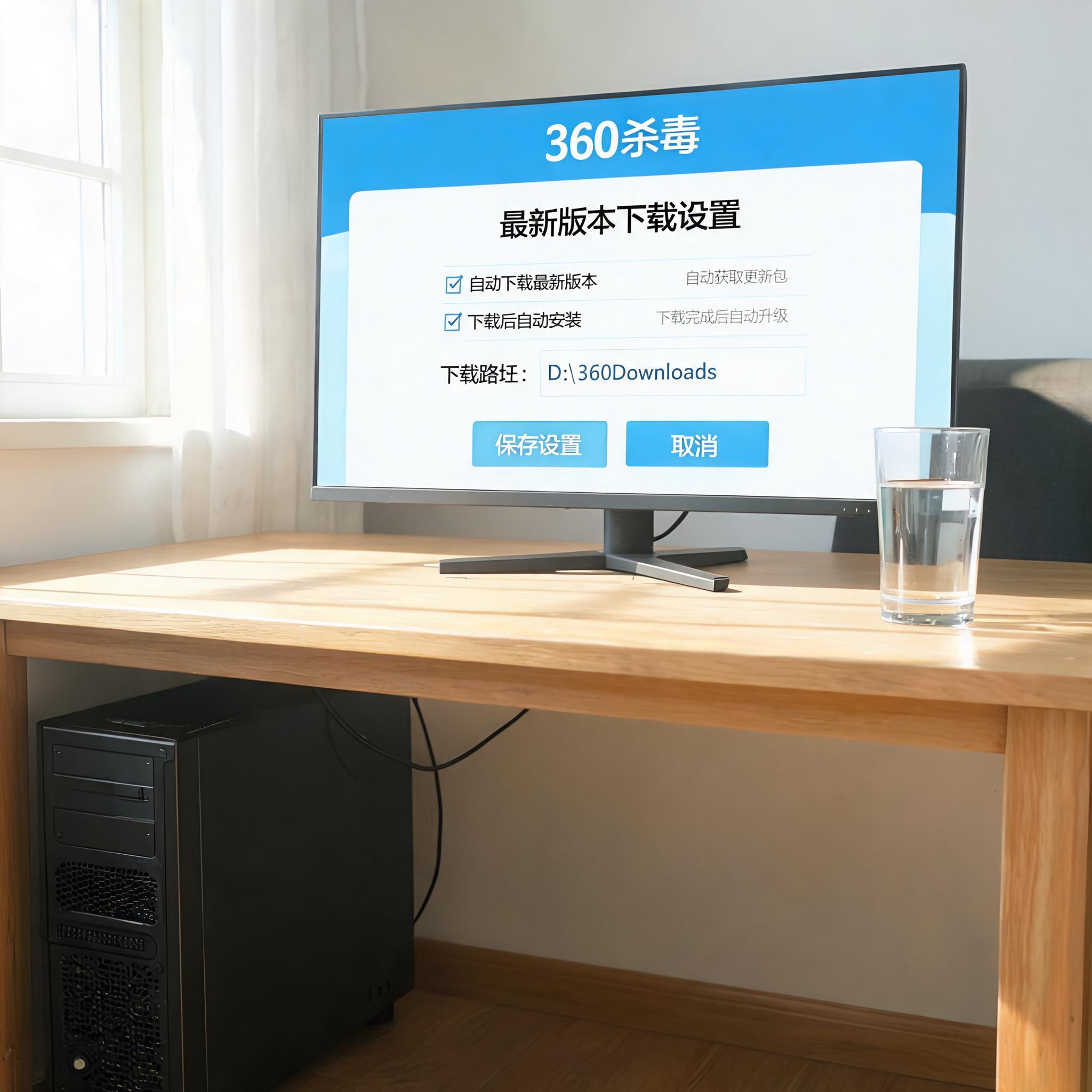 书桌上的主机，屏幕显示360 杀毒最新版本下载设置界面，桌角放着水杯，自然光