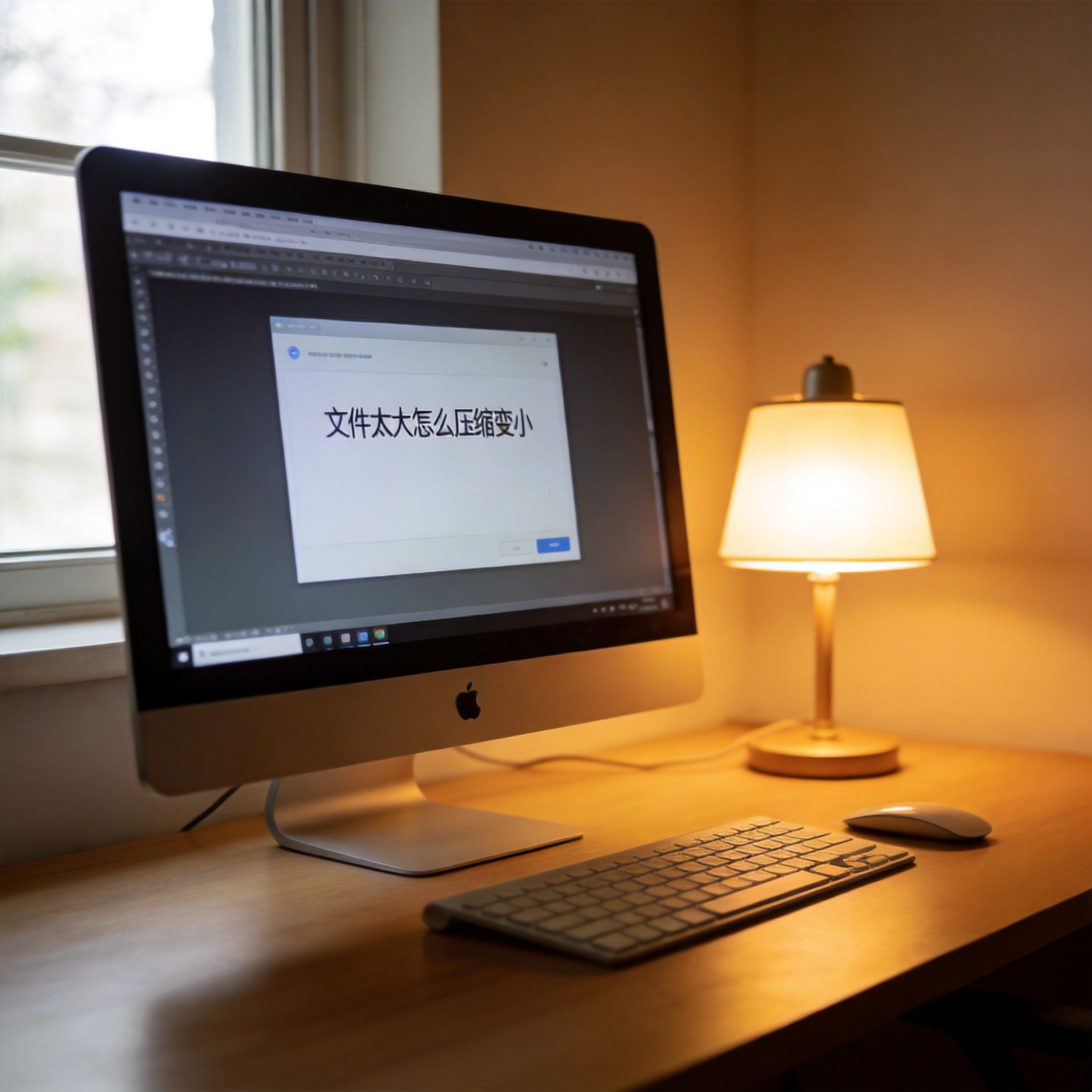 电脑桌上的电脑，屏幕显示文件太大怎么压缩变小界面，旁边放着台灯