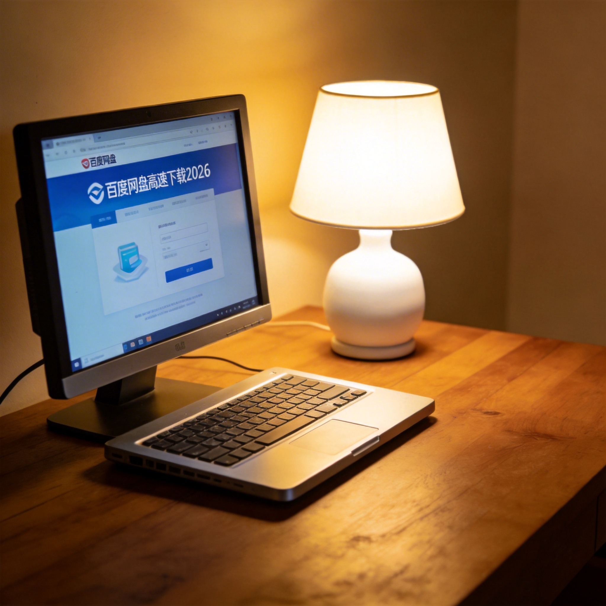 电脑桌上的电脑，屏幕显示百度网盘高速下载 2026界面，旁边放着台灯