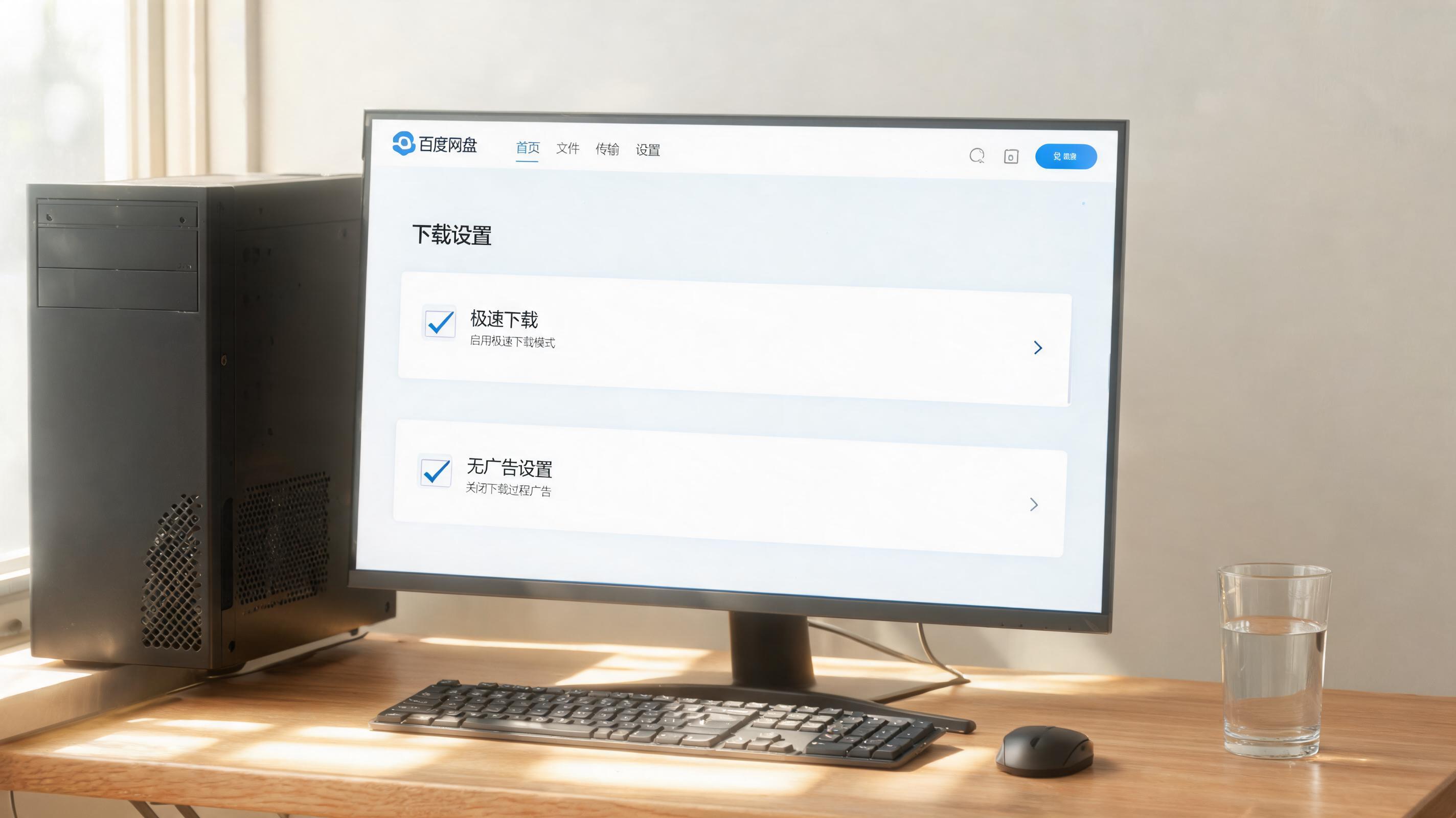书桌上的主机，屏幕显示百度网盘极速下载无广告设置界面，桌角放着水杯，自然光