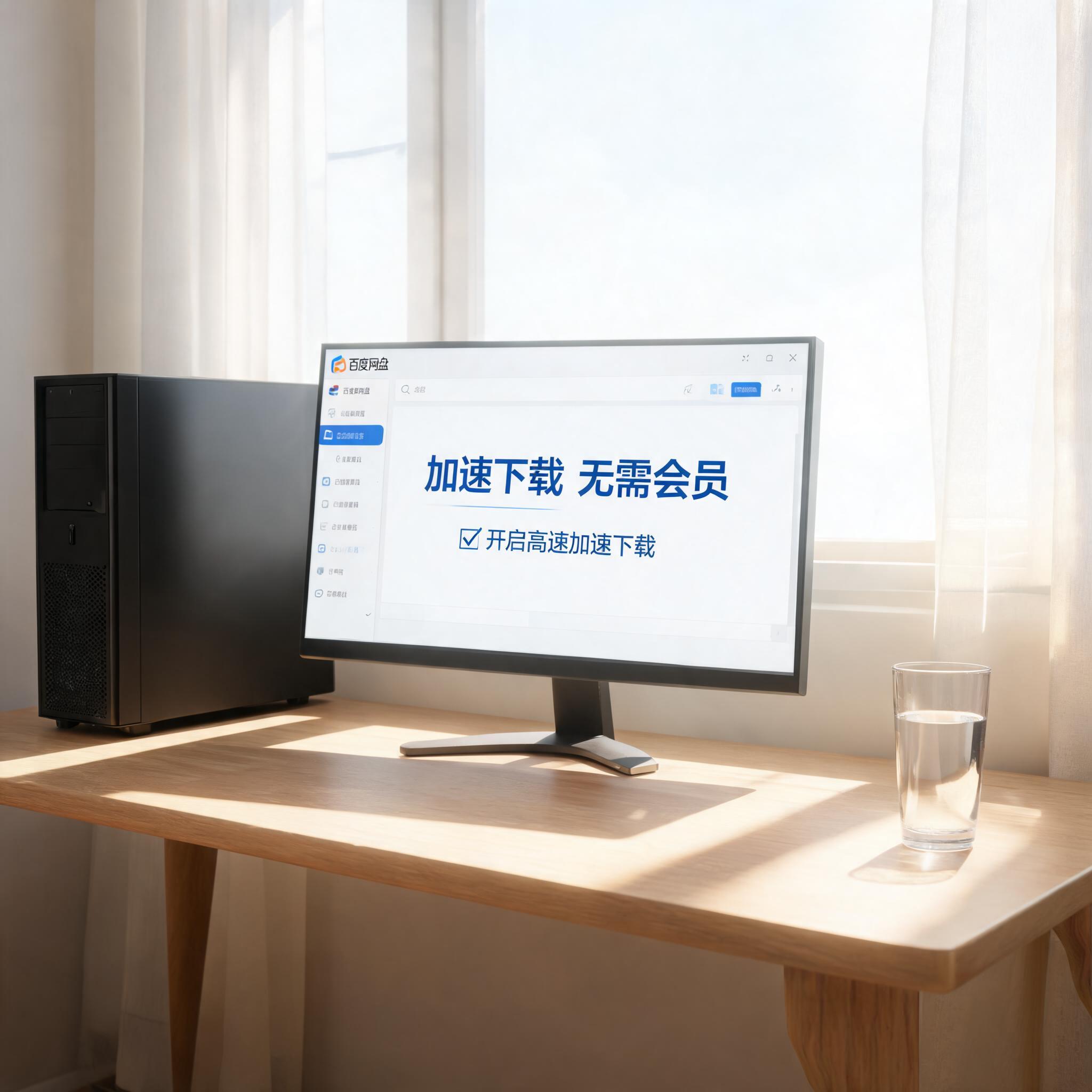 书桌上的主机，屏幕显示百度网盘加速下载无需会员设置界面，桌角放着水杯，自然光