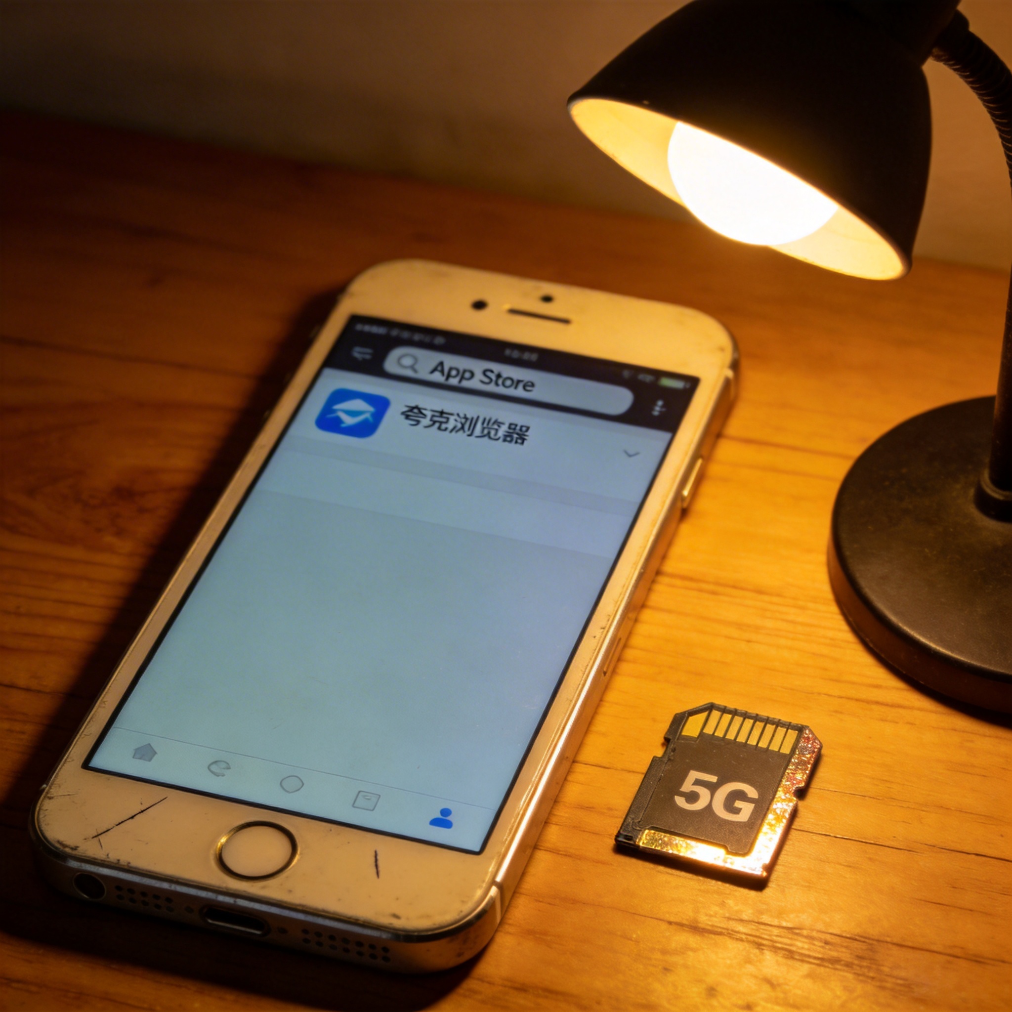 旧款iPhone6放在书桌，屏幕显示App Store搜索结果页面，无夸克浏览器条目，旁边放着5G标识的手机卡托，台灯暖光
