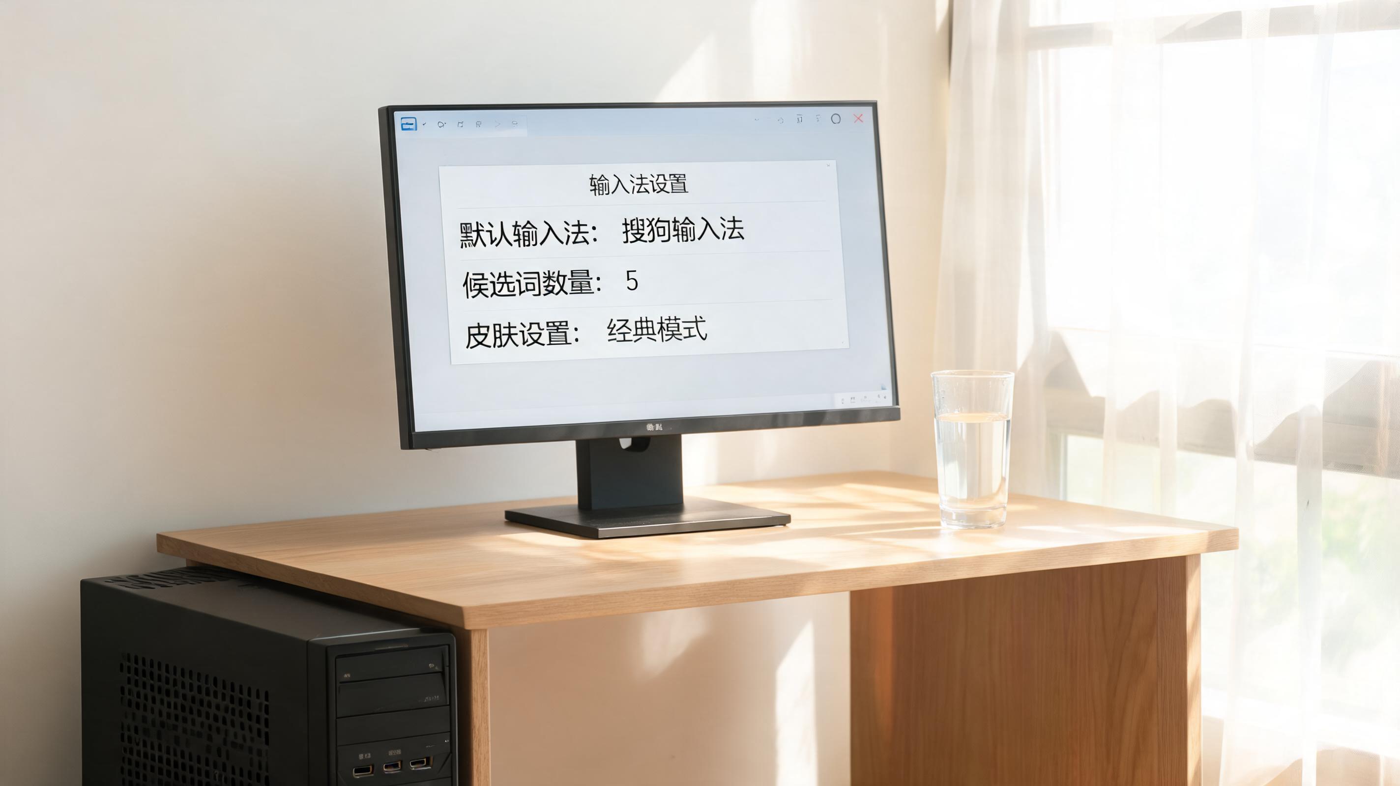 书桌上的主机，屏幕显示输入法设置界面，桌角放着水杯，自然光