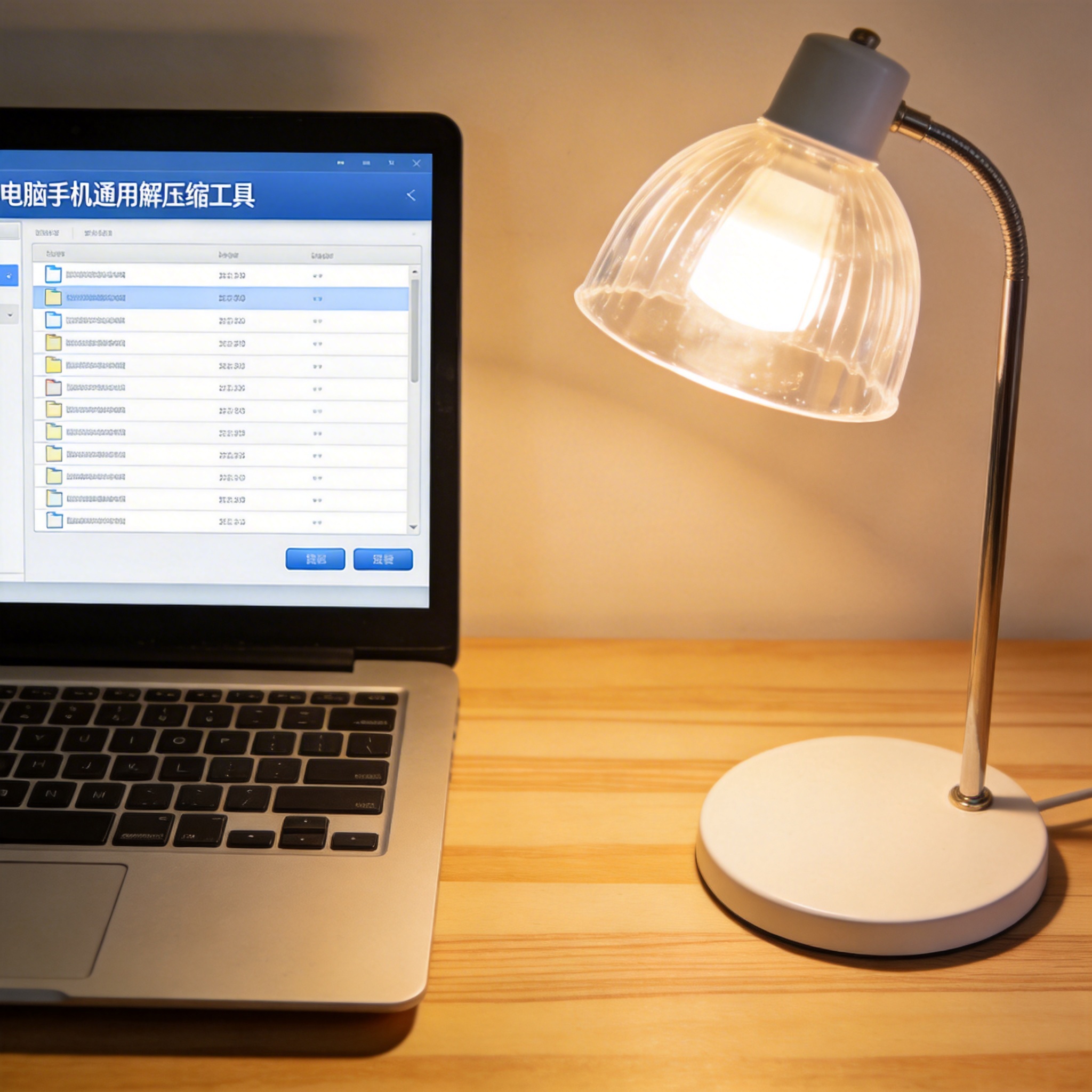 电脑桌上的电脑，屏幕显示电脑手机通用解压缩工具界面，旁边放着台灯