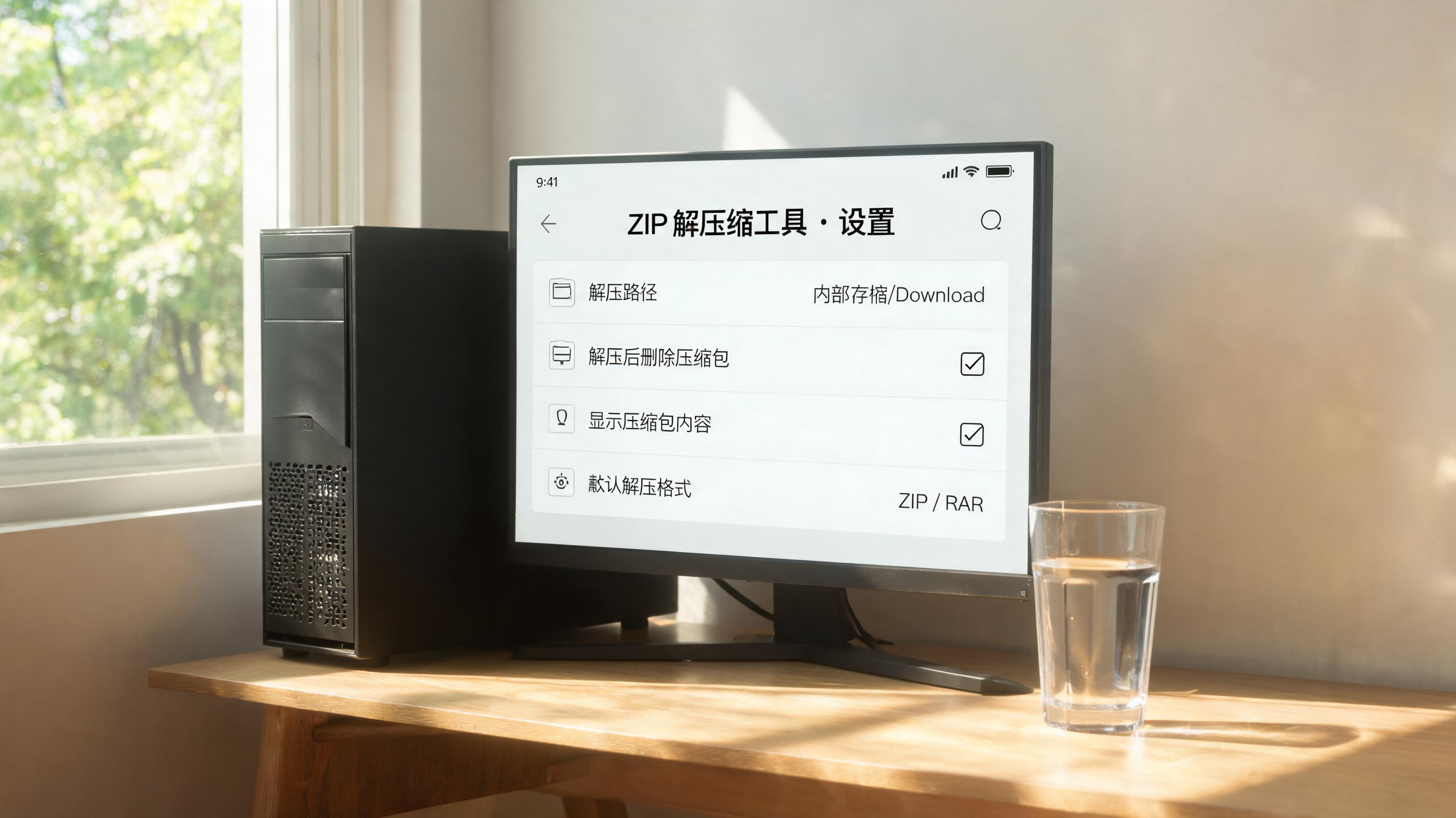 书桌上的主机，屏幕显示安卓手机 zip 解压缩工具设置界面，桌角放着水杯，自然光