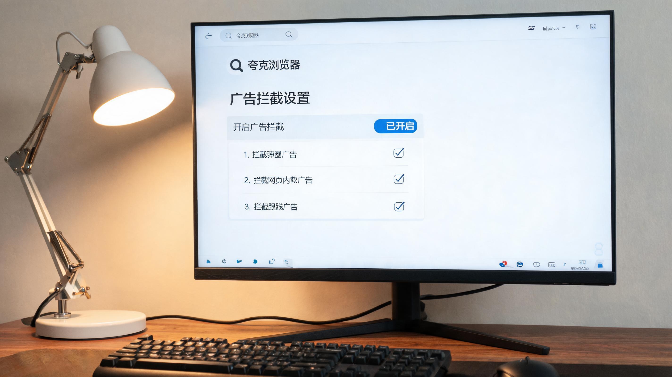电脑桌上的电脑，屏幕显示夸克浏览器广告拦截设置界面，旁边放着台灯