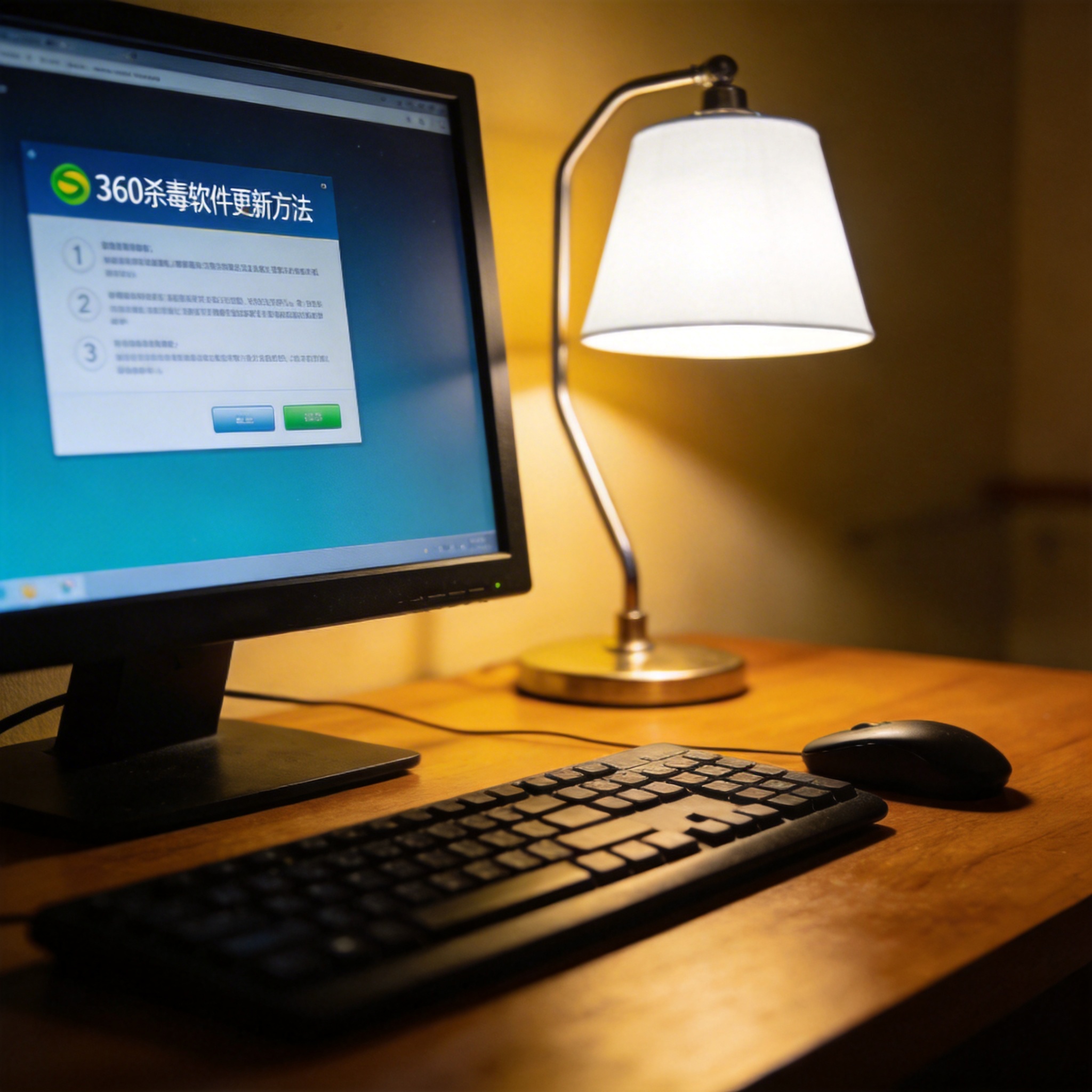 电脑桌上的电脑，屏幕显示360 杀毒软件更新方法界面，旁边放着台灯