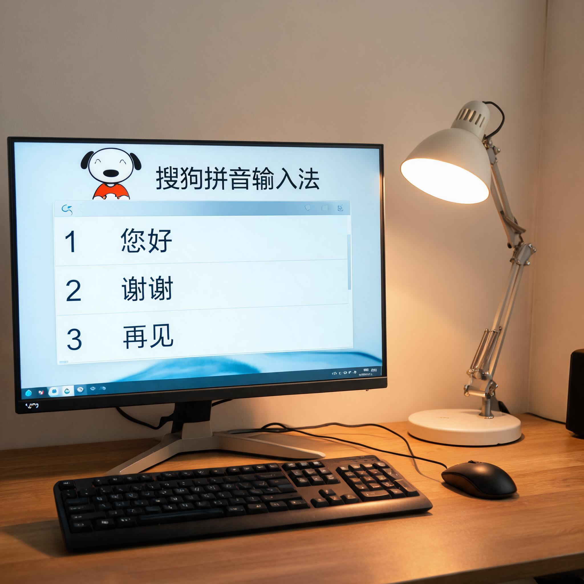 电脑桌上的电脑，屏幕显示搜狗拼音输入法界面，旁边放着台灯