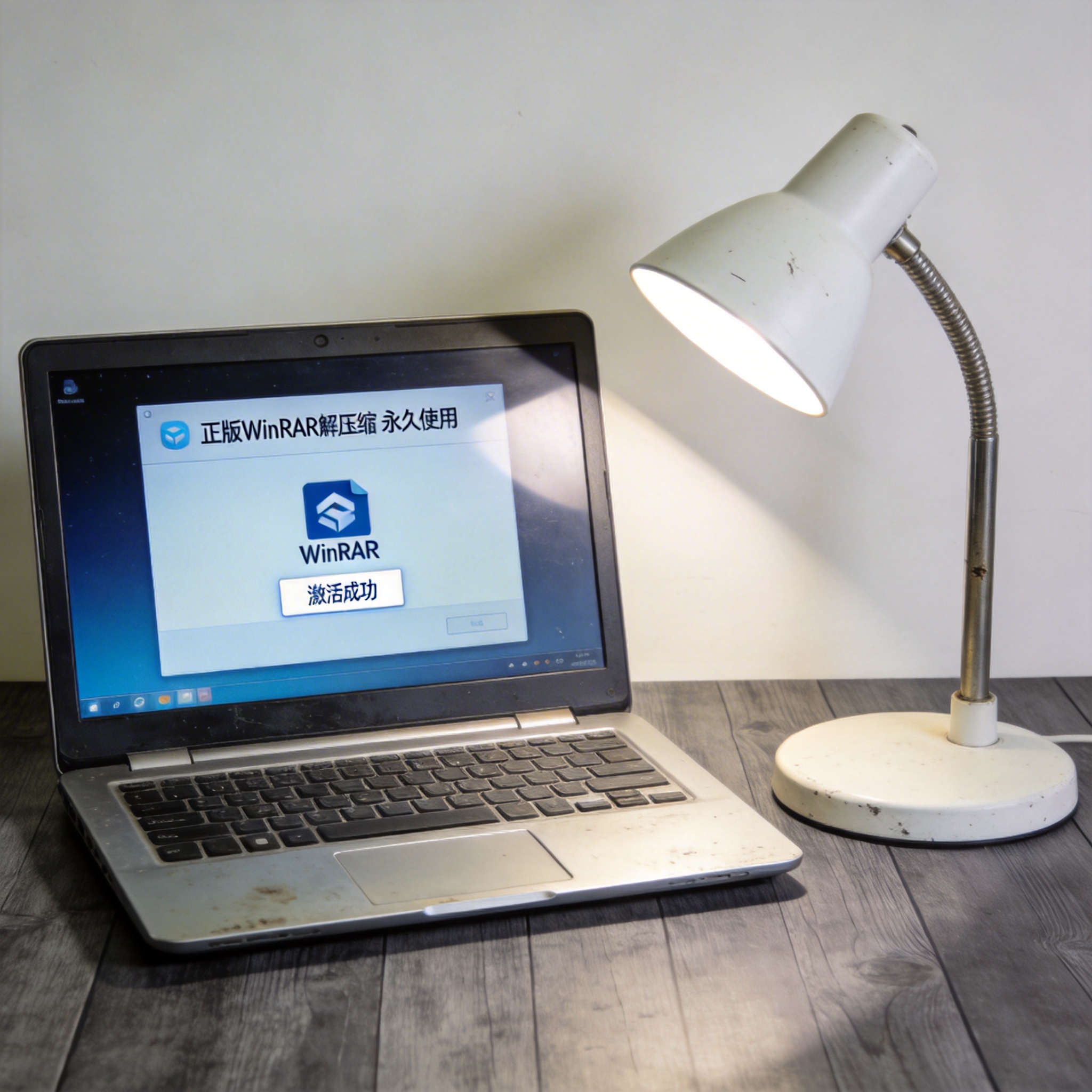 电脑桌上的电脑，屏幕显示正版 winrar 解压缩永久使用界面，旁边放着台灯