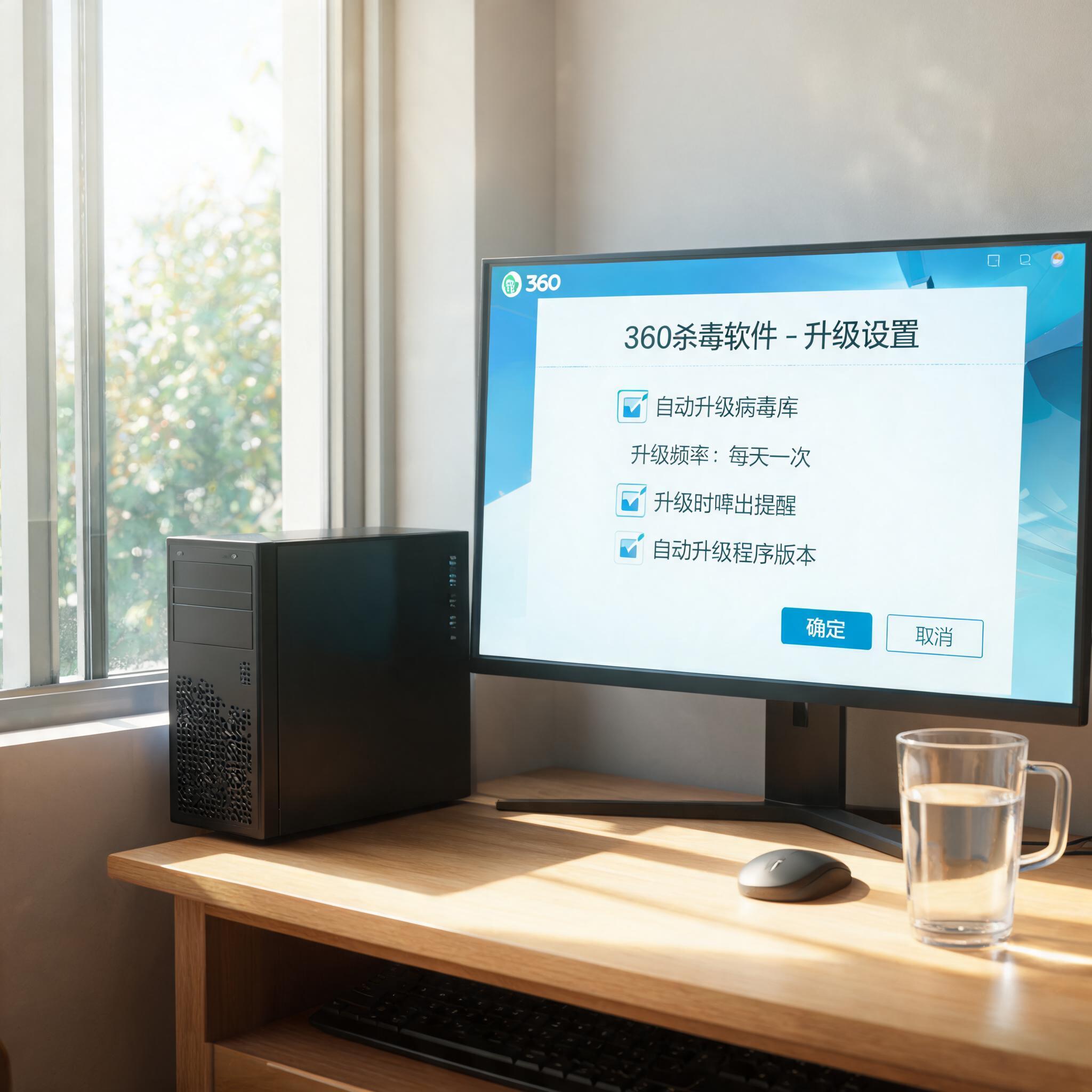书桌上的主机，屏幕显示360 杀毒软件如何升级设置界面，桌角放着水杯，自然光