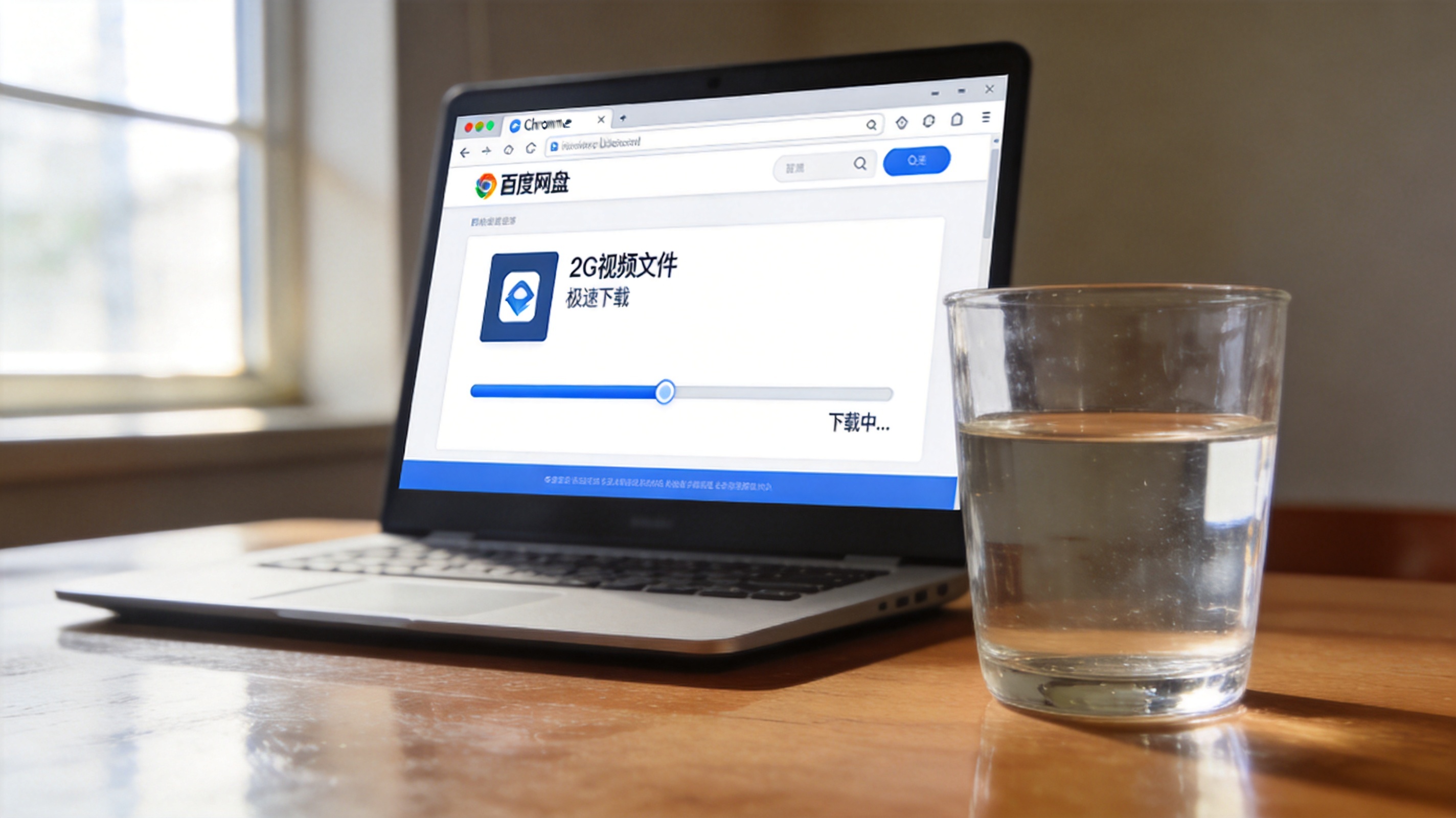 电脑桌面，Chrome浏览器打开百度网盘网页版界面，显示2G视频文件的极速下载进度条，旁边放着半杯温水，室内自然光