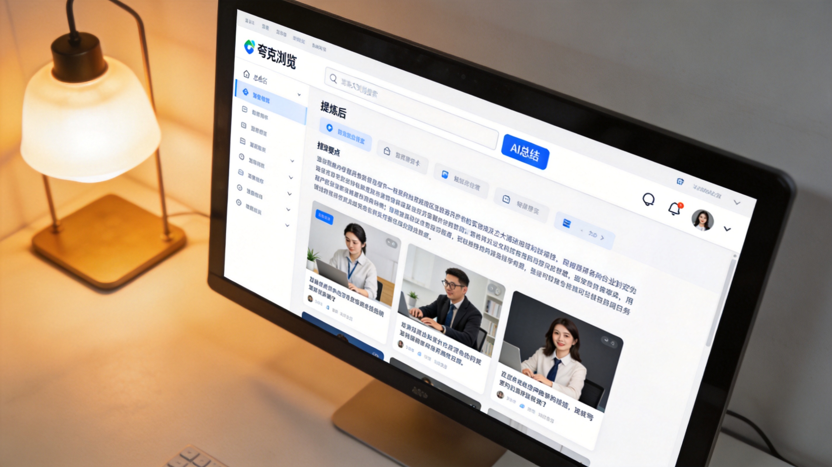 电脑屏幕显示夸克浏览器搜索结果页，顶部有“AI总结”按钮，页面呈现提炼后的要点内容，桌面角落有台灯暖光