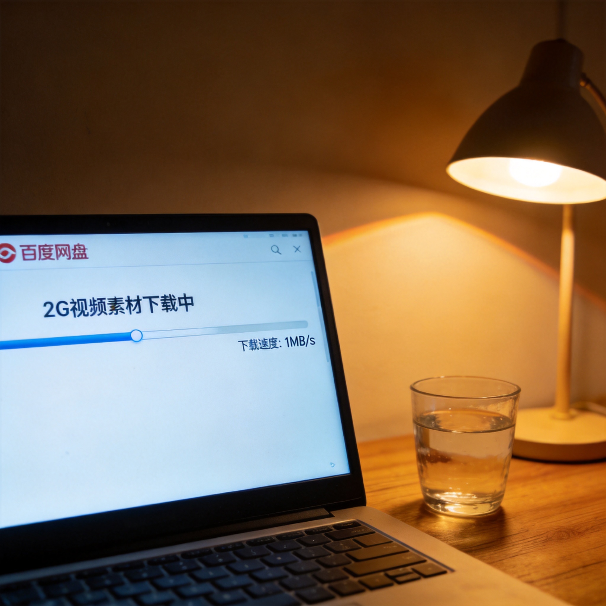电脑屏幕显示百度网盘下载界面，进度条显示2G视频素材下载中，下载速度稳定在1MB每秒，旁边放着半杯水，台灯暖光