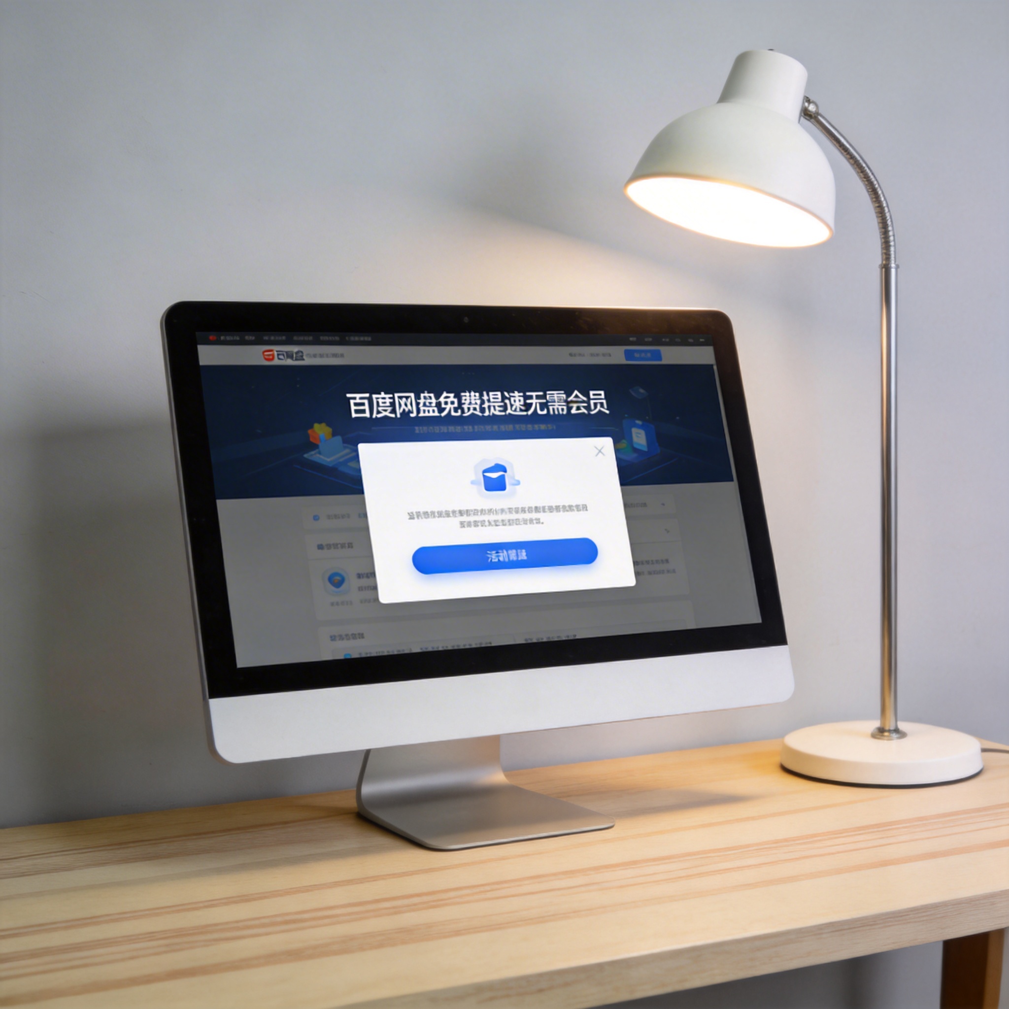 电脑桌上的电脑，屏幕显示百度网盘免费提速无需会员界面，旁边放着台灯