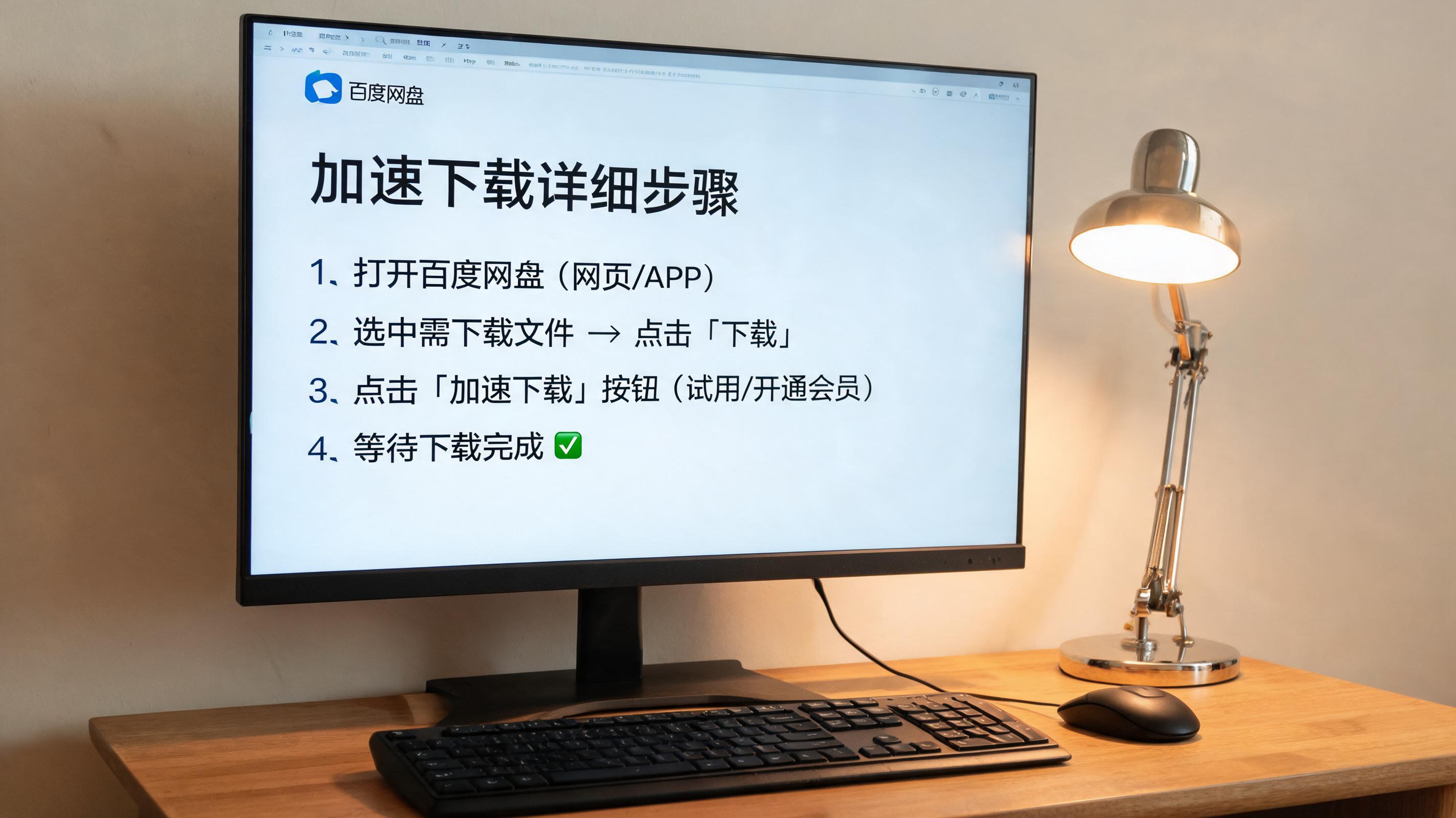 电脑桌上的电脑，屏幕显示百度网盘加速下载详细步骤界面，旁边放着台灯