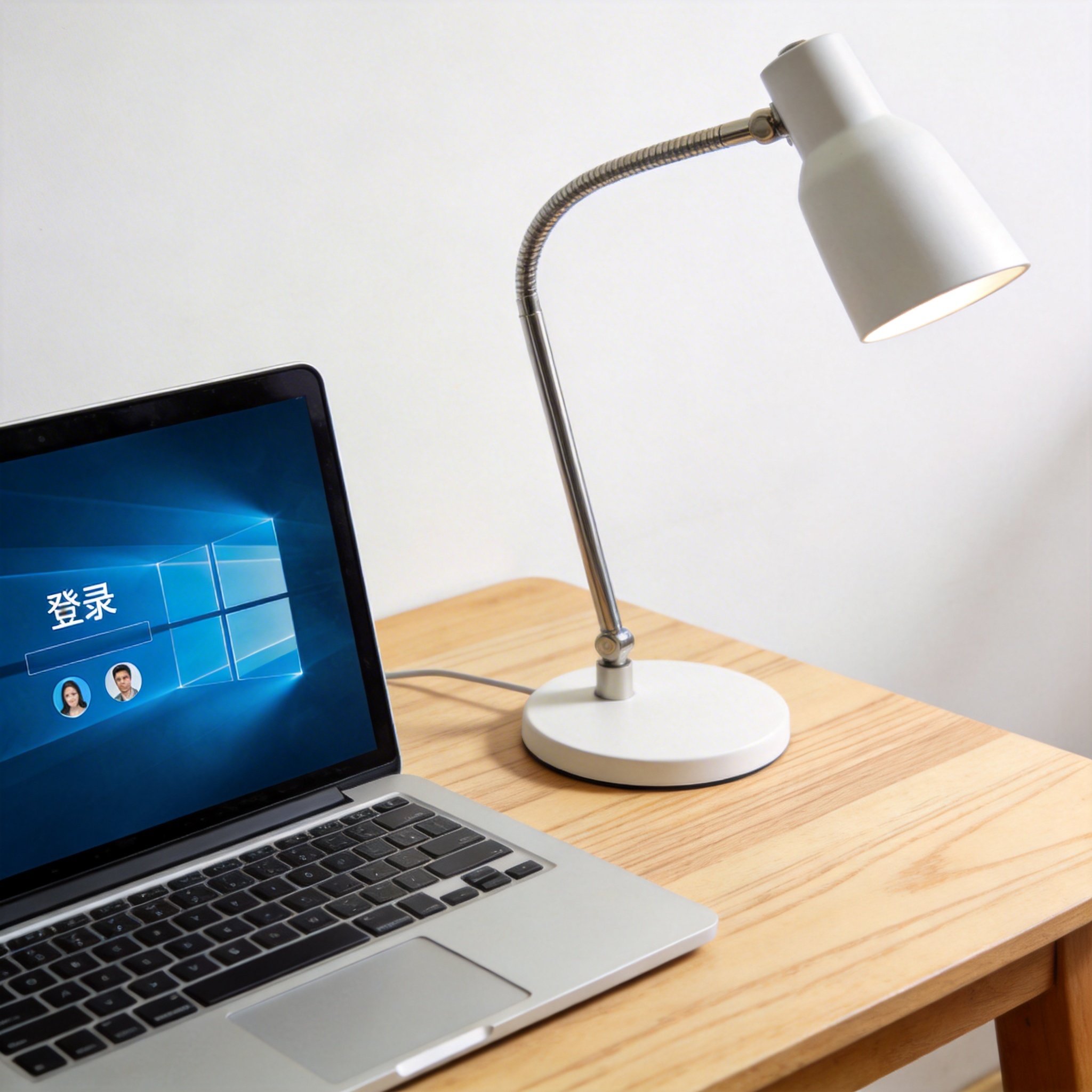 电脑桌上的电脑，屏幕显示Windows界面，旁边放着台灯