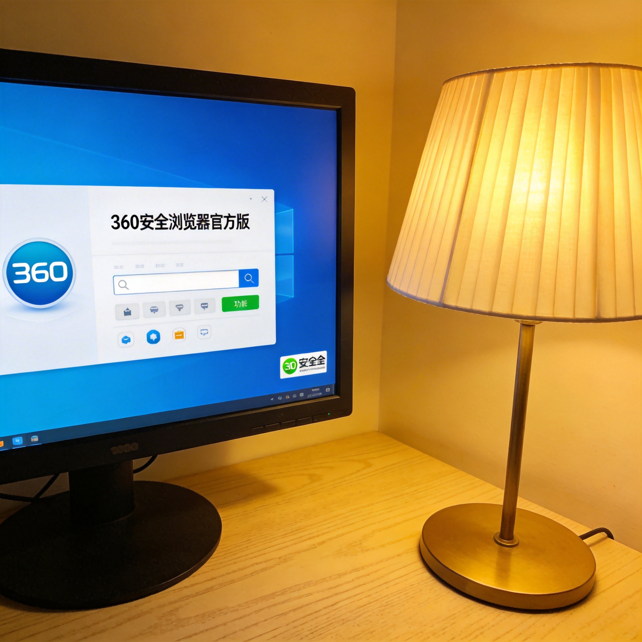 电脑桌上的电脑，屏幕显示360 安全浏览器官方版界面，旁边放着台灯