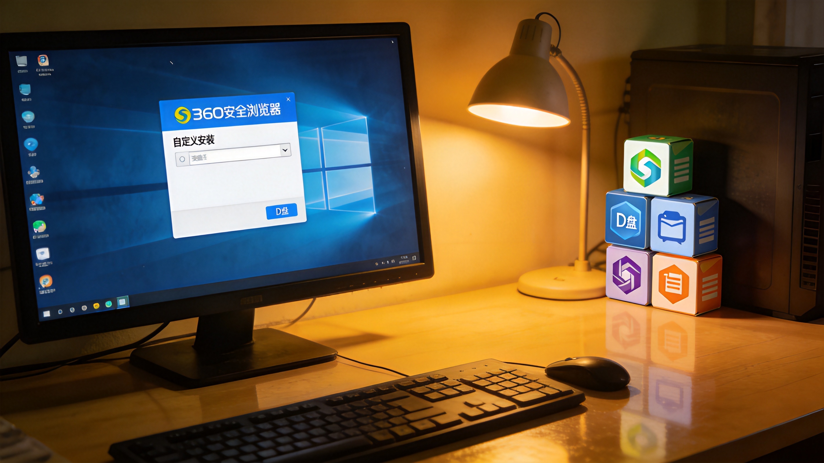 电脑桌面显示360安全浏览器安装界面，界面上有自定义安装选项，安装路径选在D盘，桌面角落堆着几个下载完成的安装包，台灯暖光