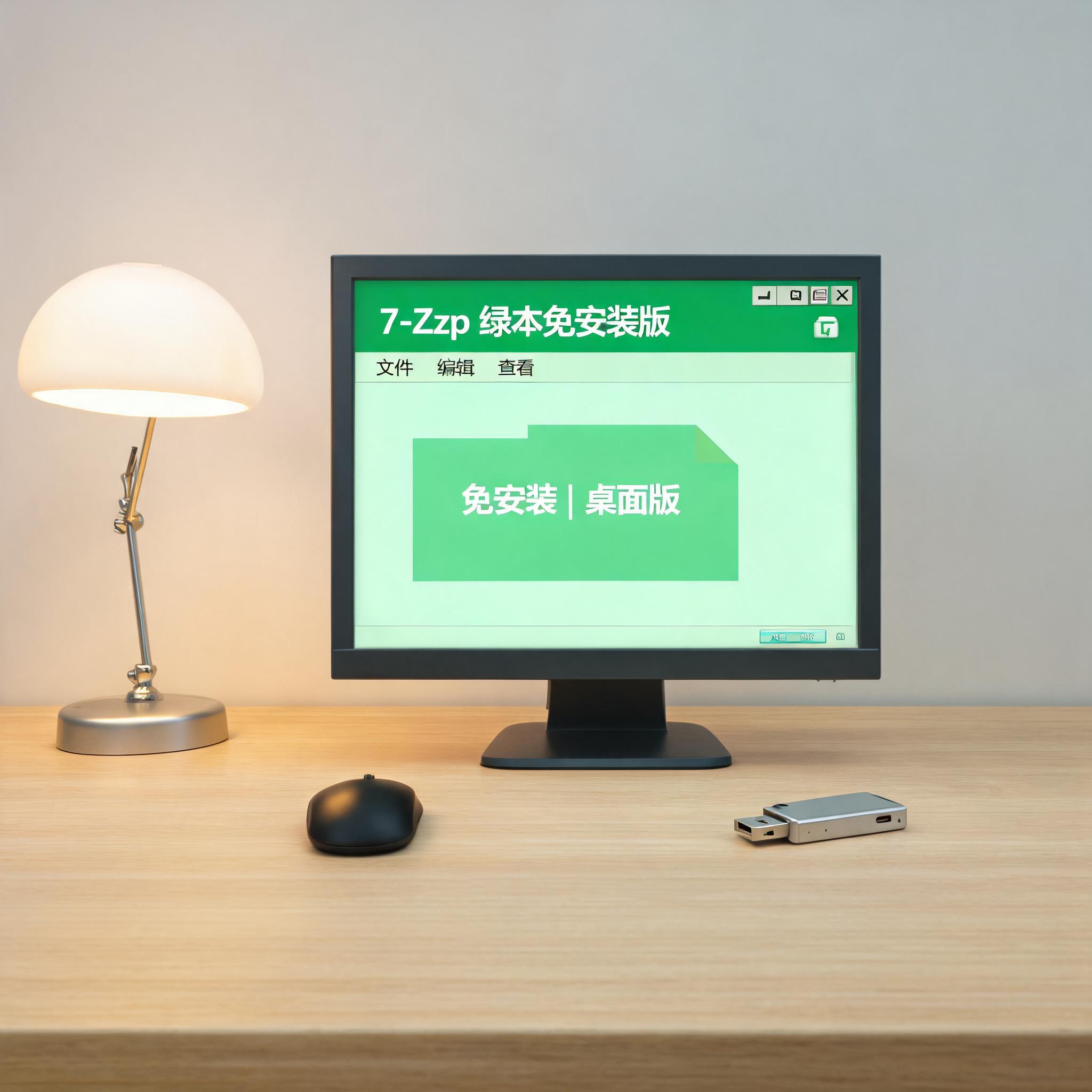 电脑桌上的U盘，屏幕显示绿色版解压缩工具免安装桌面，旁边放着台灯